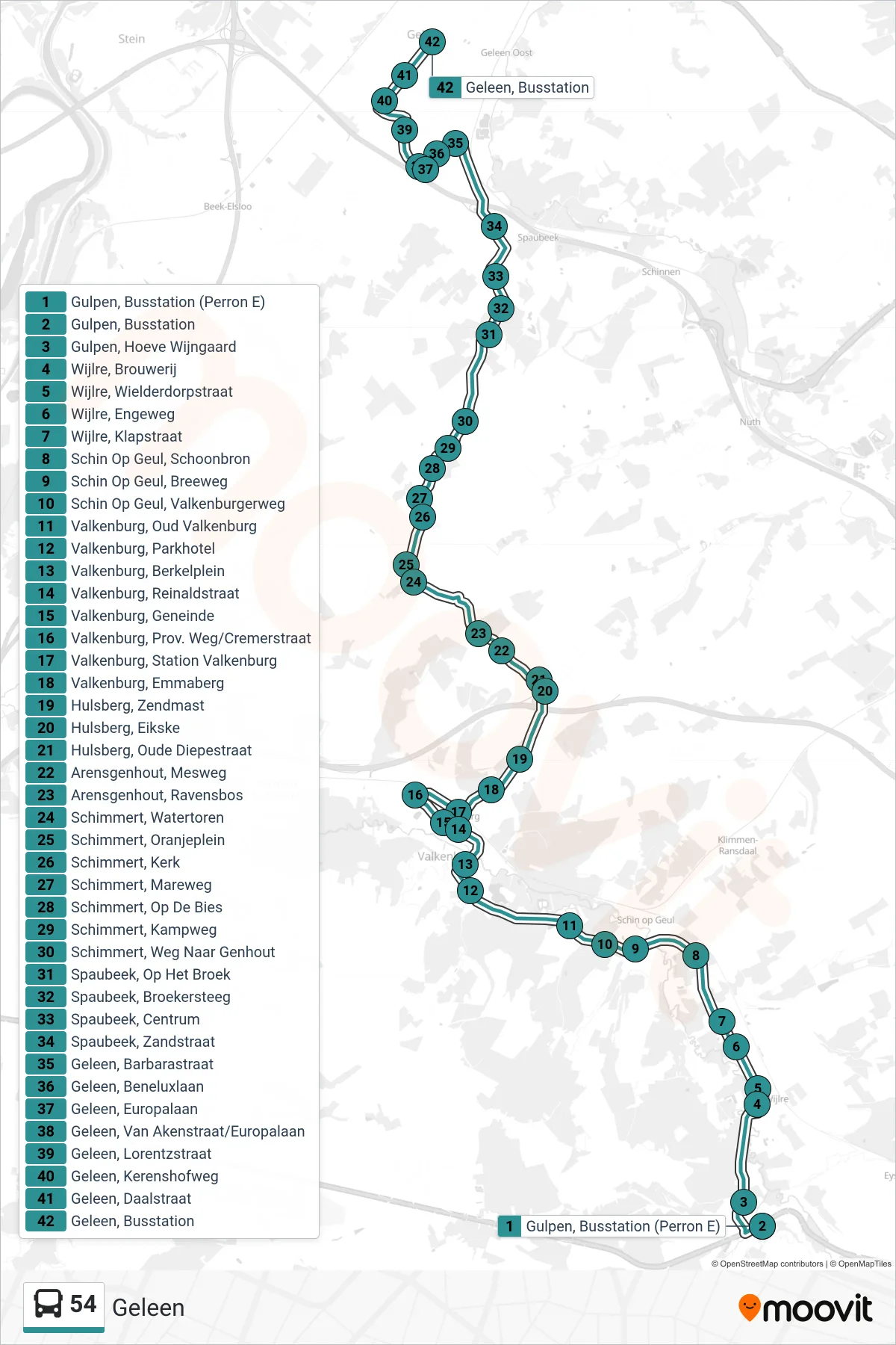 54 bus Line (Geleen) route and stops on a map