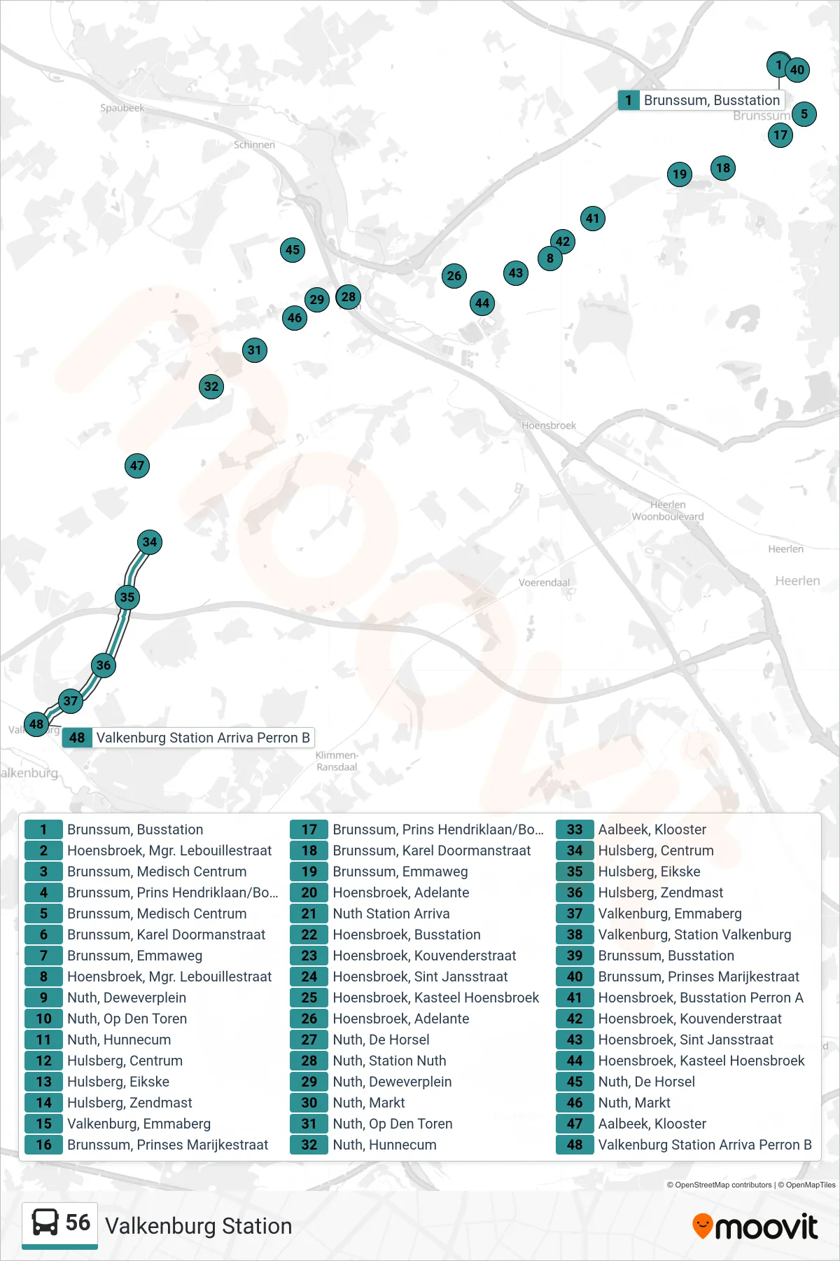 Lijn 56 (bus, Valkenburg Station): route en haltes op de kaart