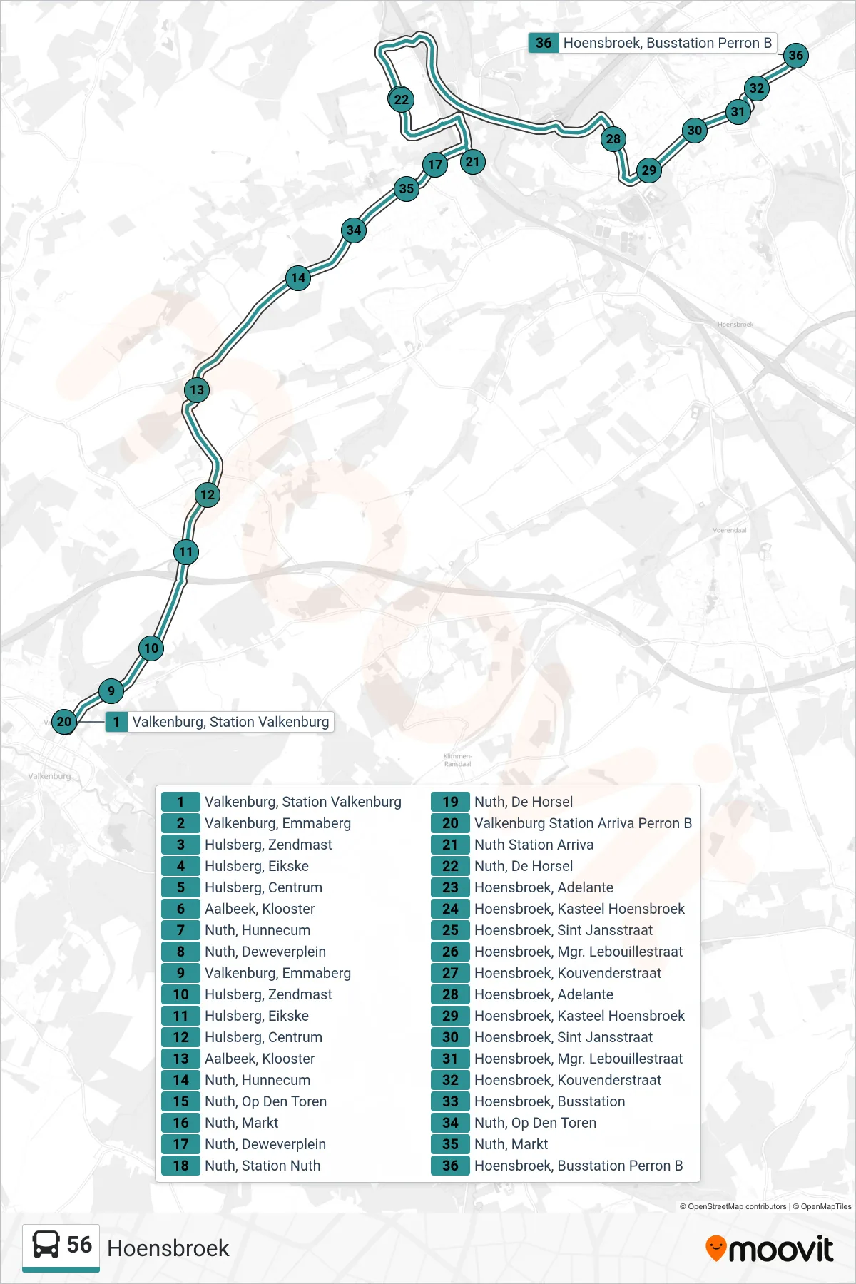 56 bus Line (Hoensbroek) route and stops on a map