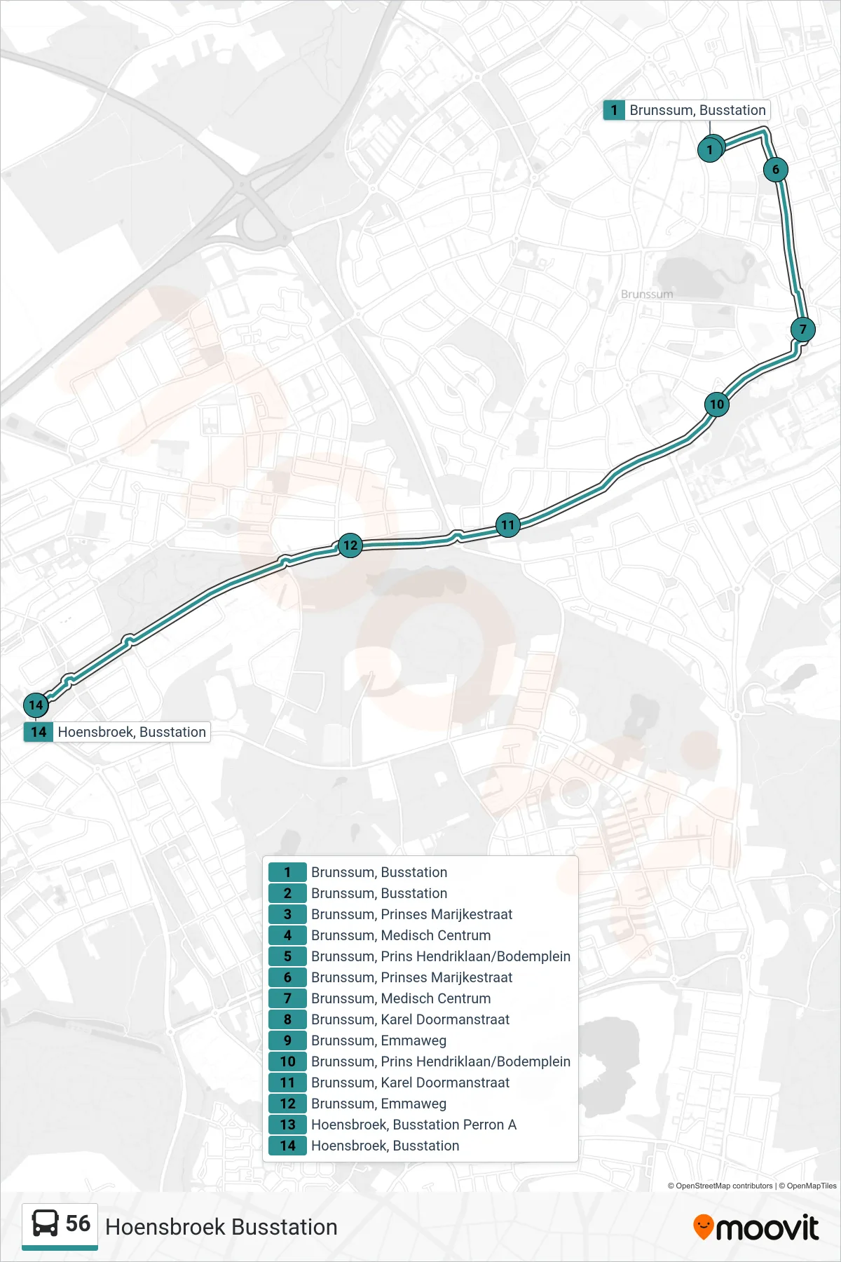 Lijn 56 (bus, Hoensbroek Busstation): route en haltes op de kaart