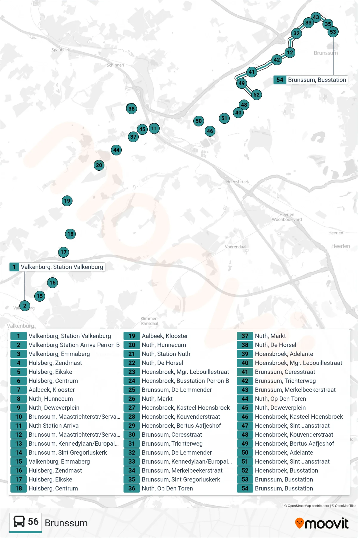 56 bus Line (Brunssum) route and stops on a map