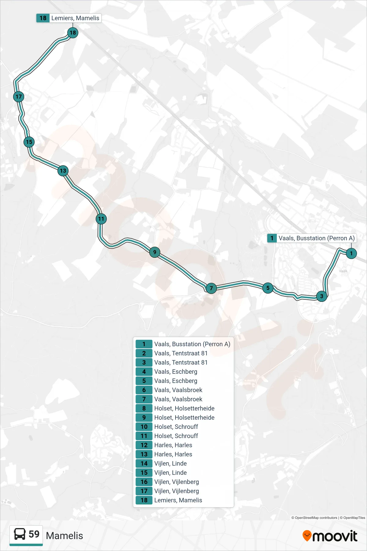 Lijn 59 (bus, Mamelis): route en haltes op de kaart
