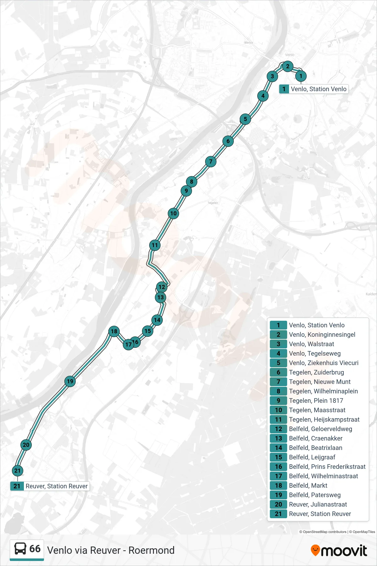 Lijn 66 (bus, Reuver Station): route en haltes op de kaart