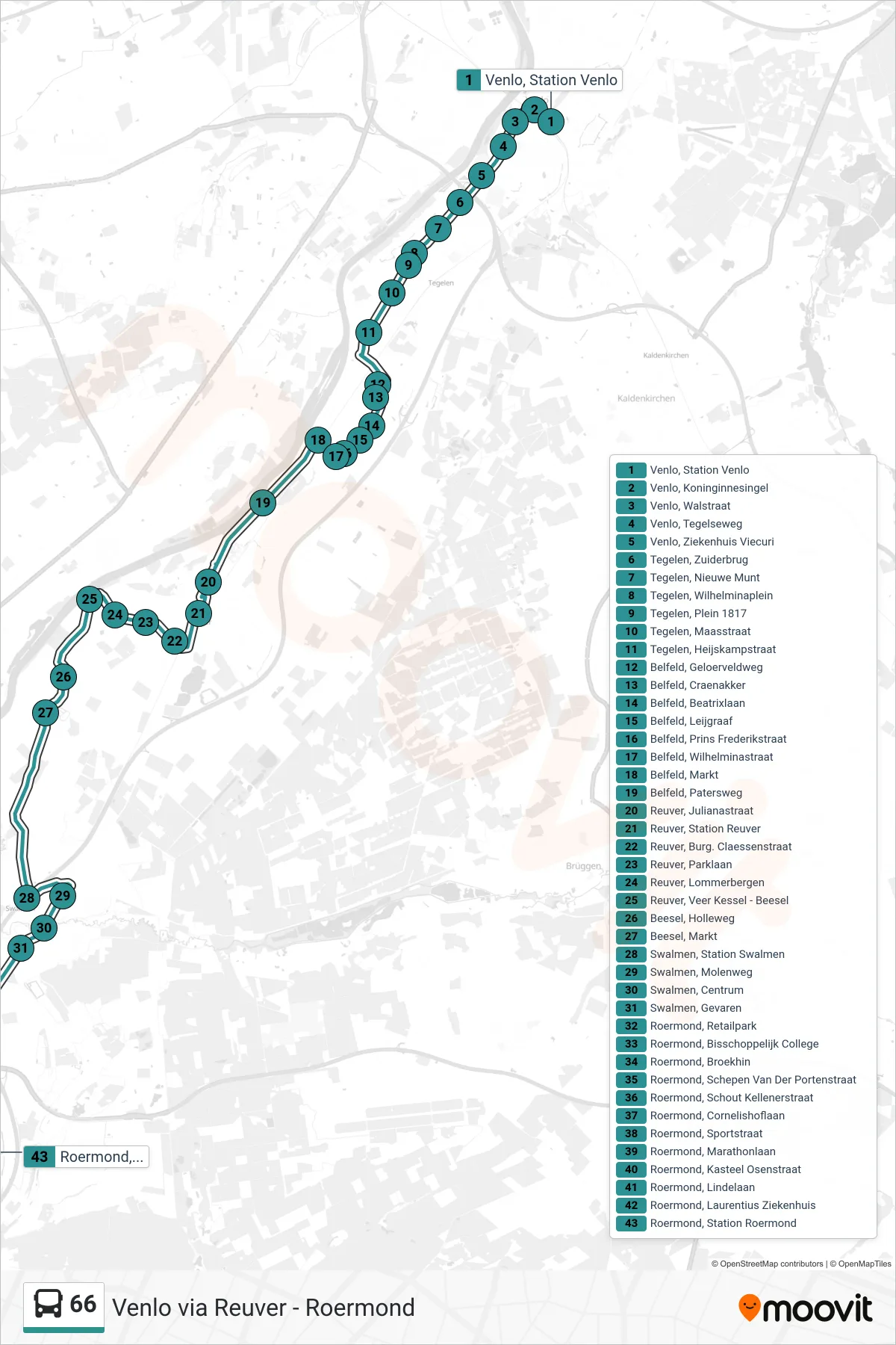 Lijn 66 (bus, Roermond): route en haltes op de kaart