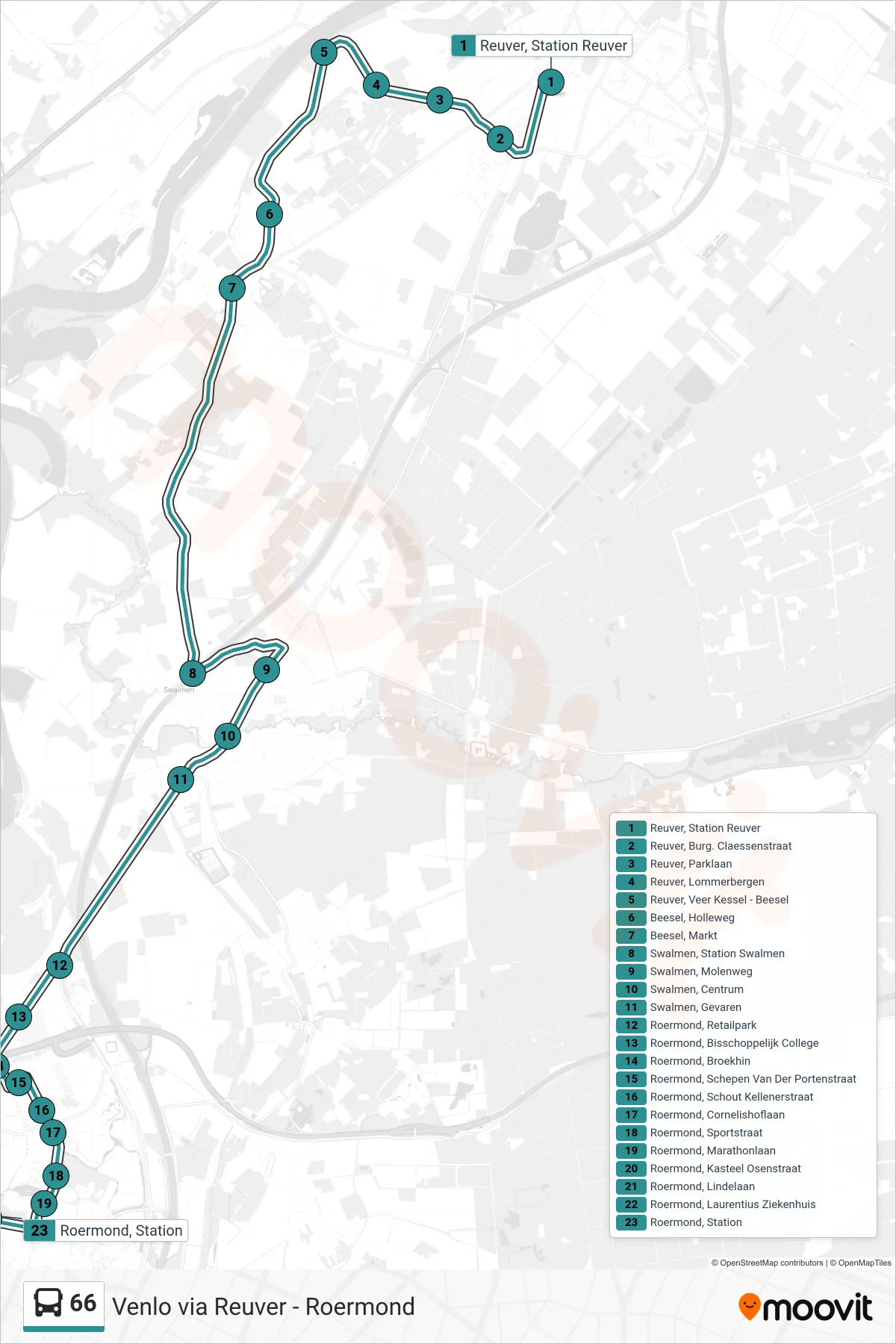 Lijn 66 (bus, Roermond Station): route en haltes op de kaart