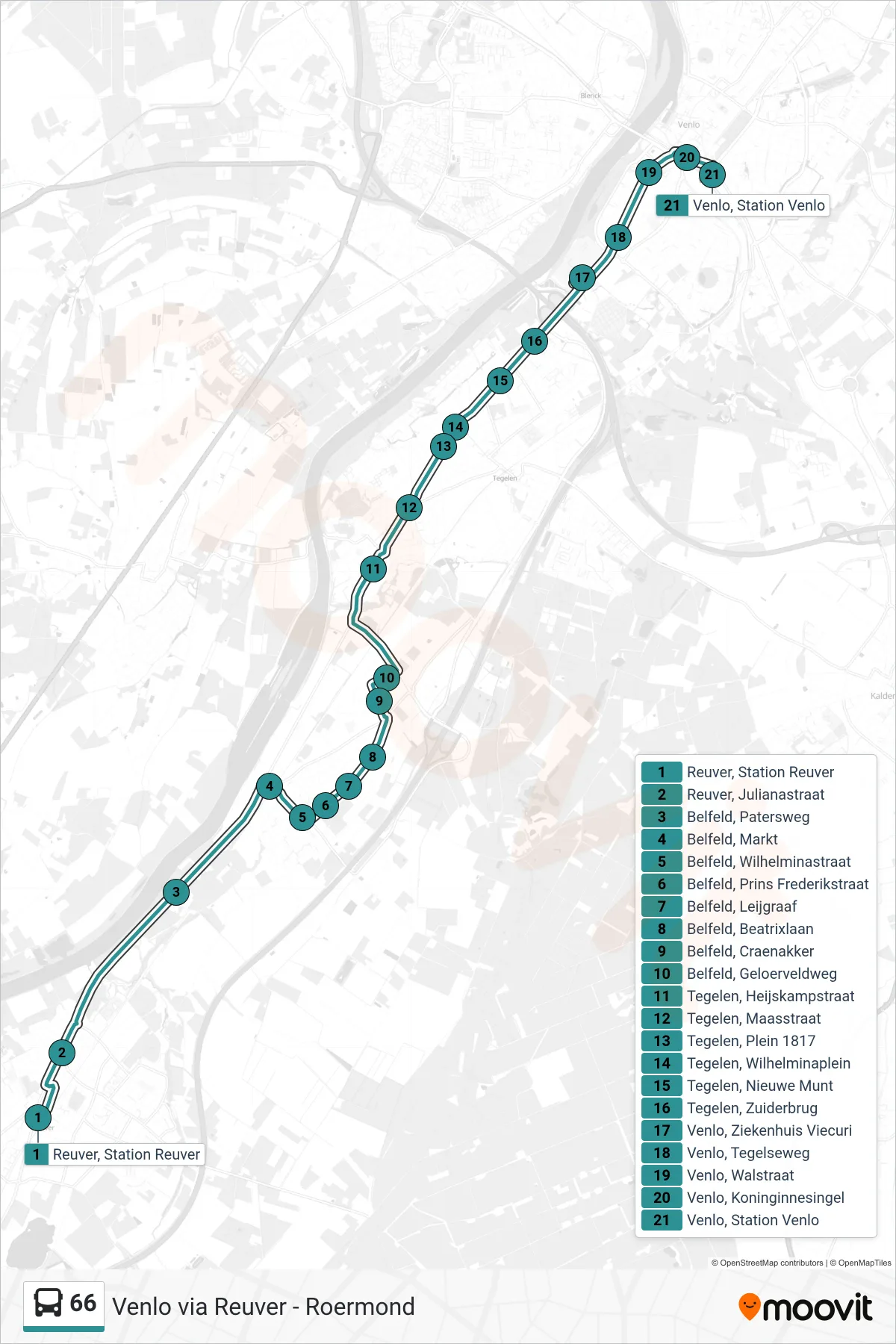 Lijn 66 (bus, Venlo Station): route en haltes op de kaart
