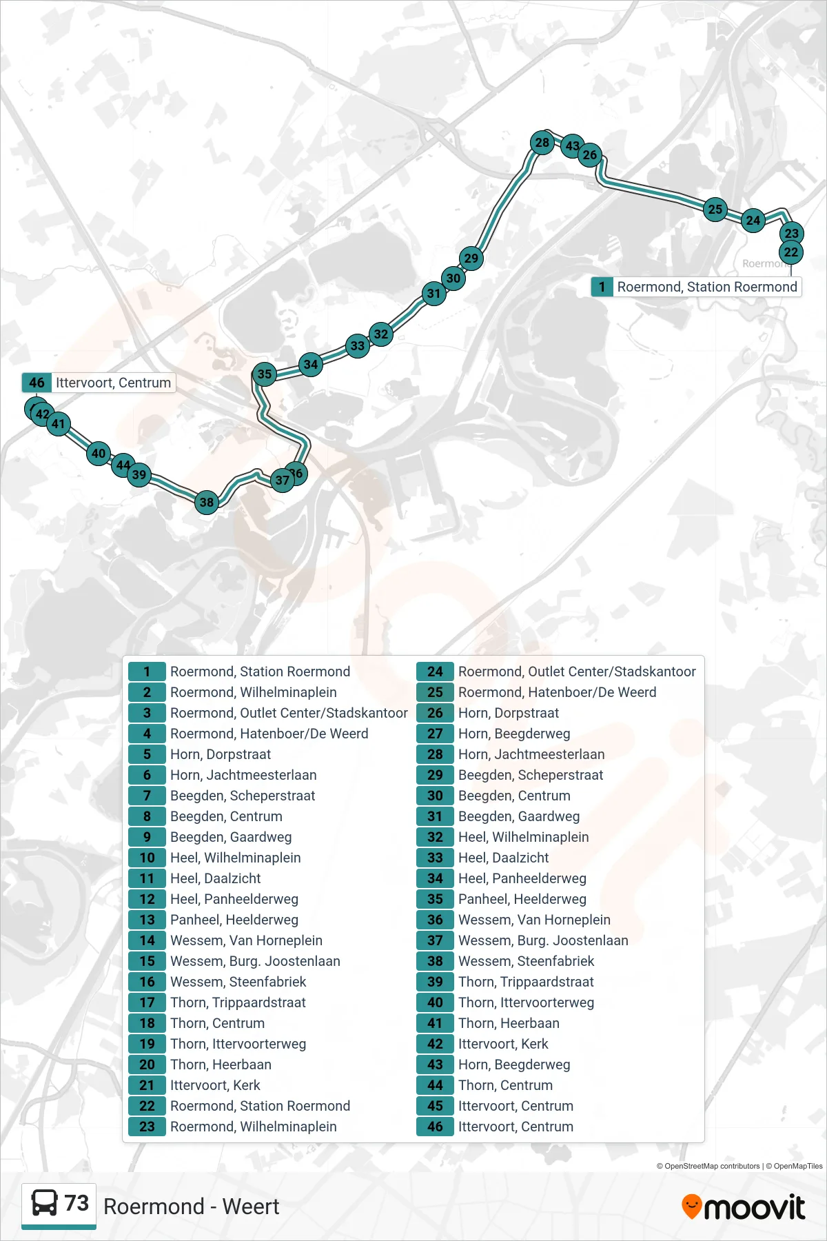 Lijn 73 (bus, Ittervoort): route en haltes op de kaart