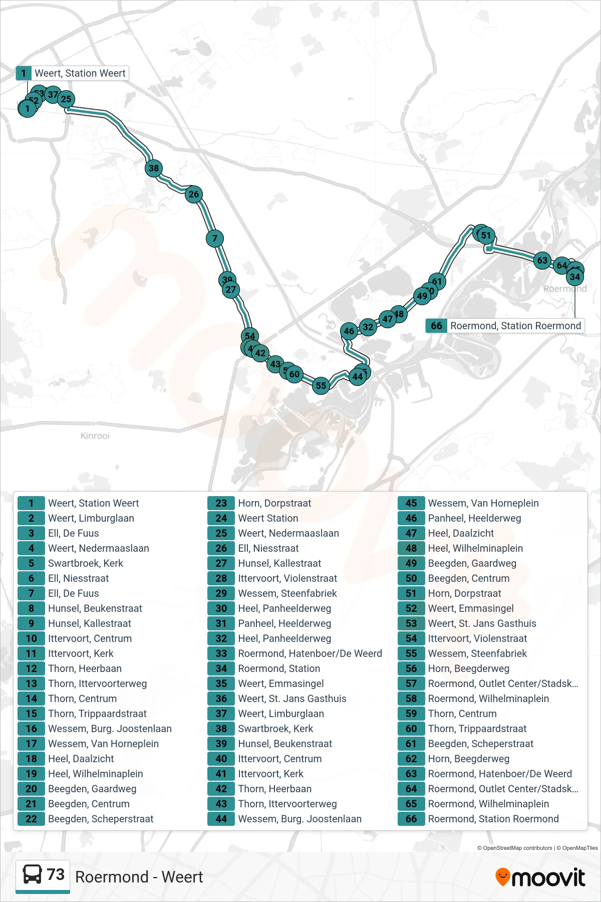 Lijn 73 (bus, Roermond): route en haltes op de kaart
