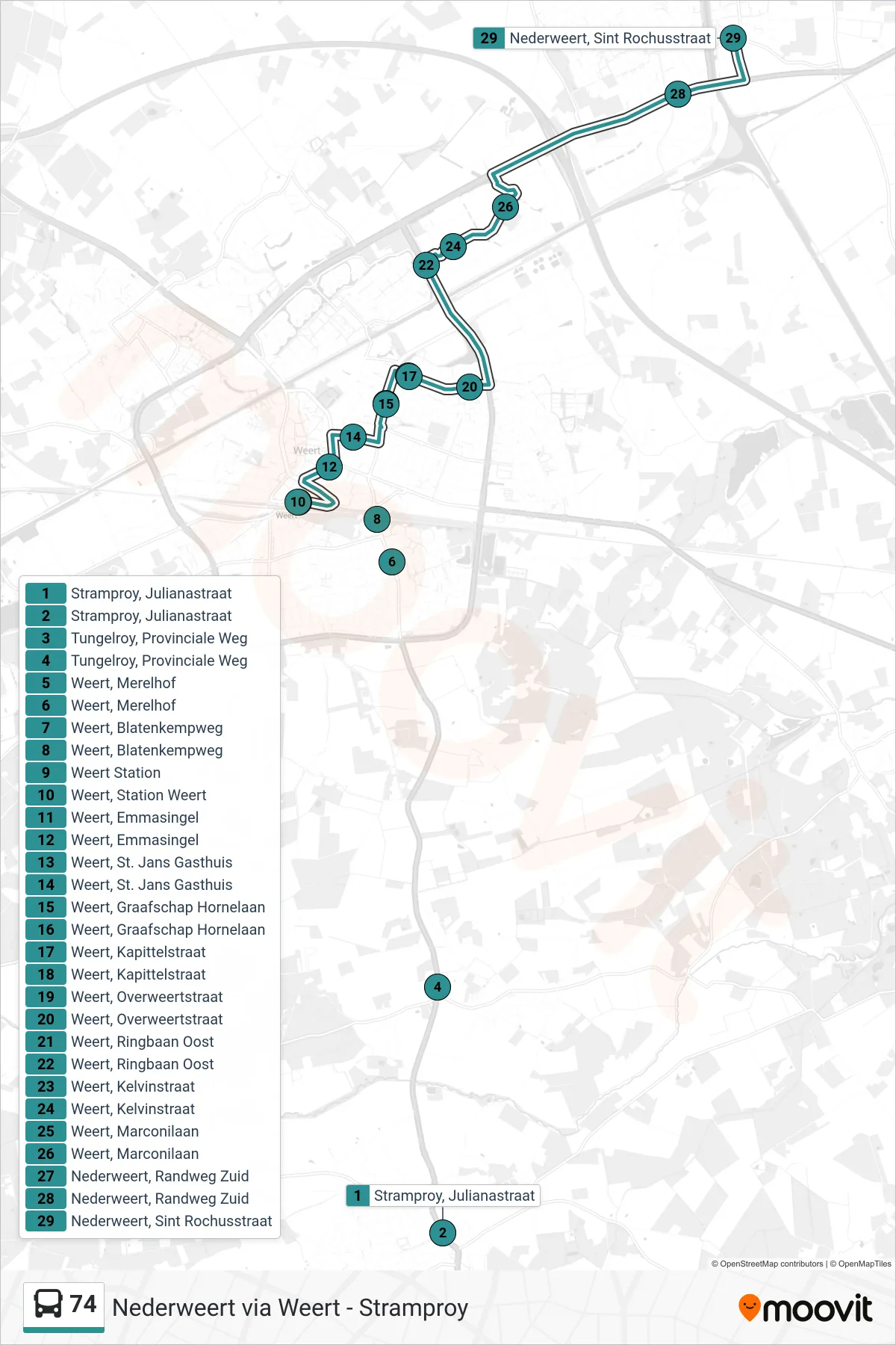Linie 74 (Bus) Richtung Nederweert: Route und Haltestellen auf der Karte
