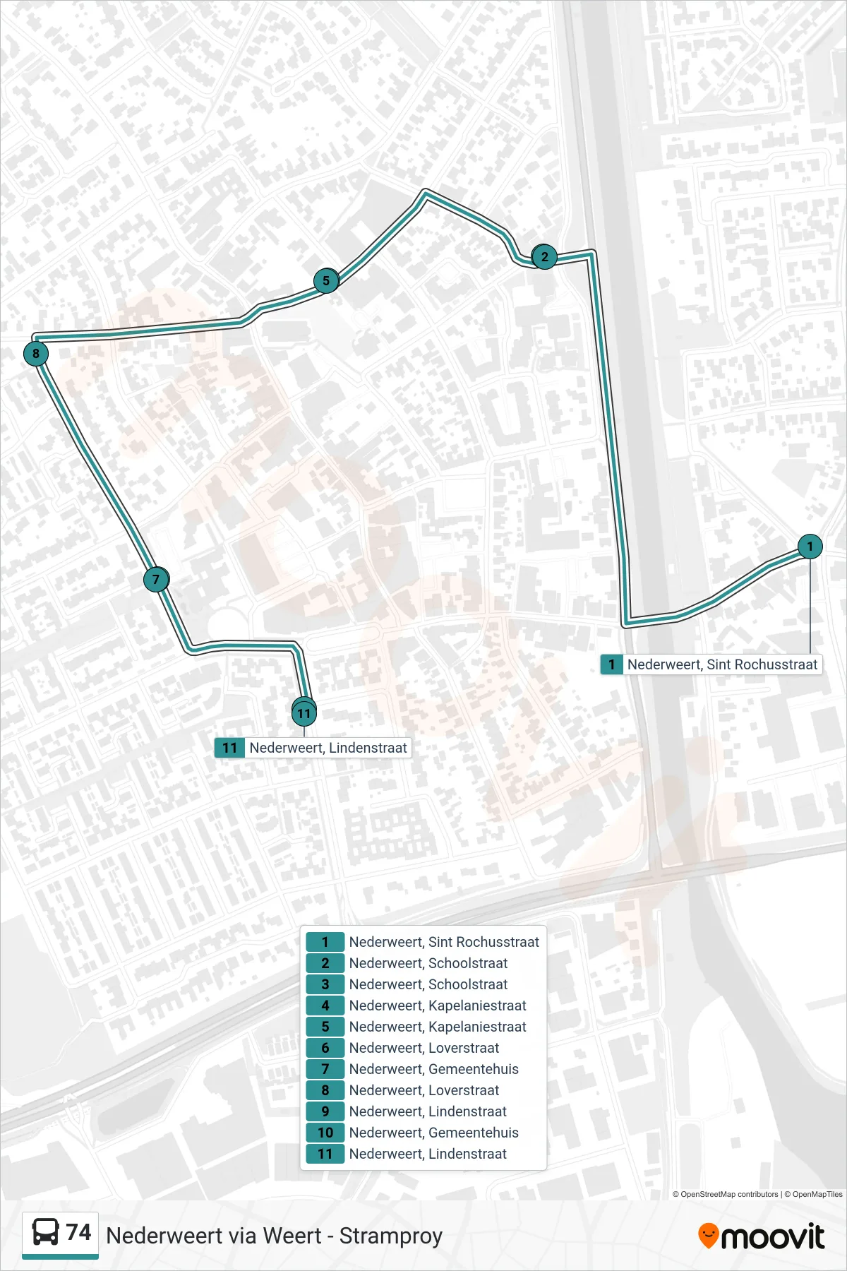 74 bus Line (Nederweert) route and stops on a map