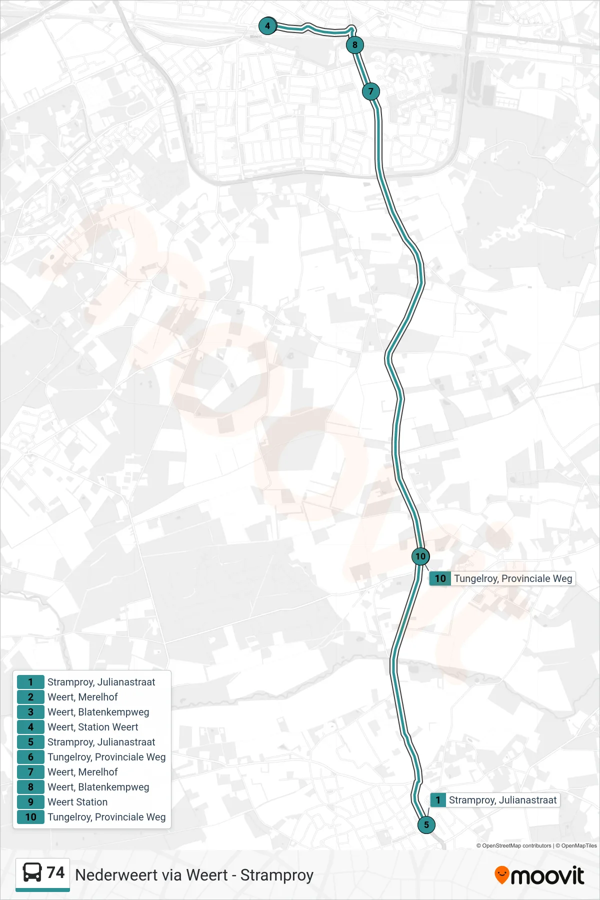 Lijn 74 (bus, Weert Station): route en haltes op de kaart