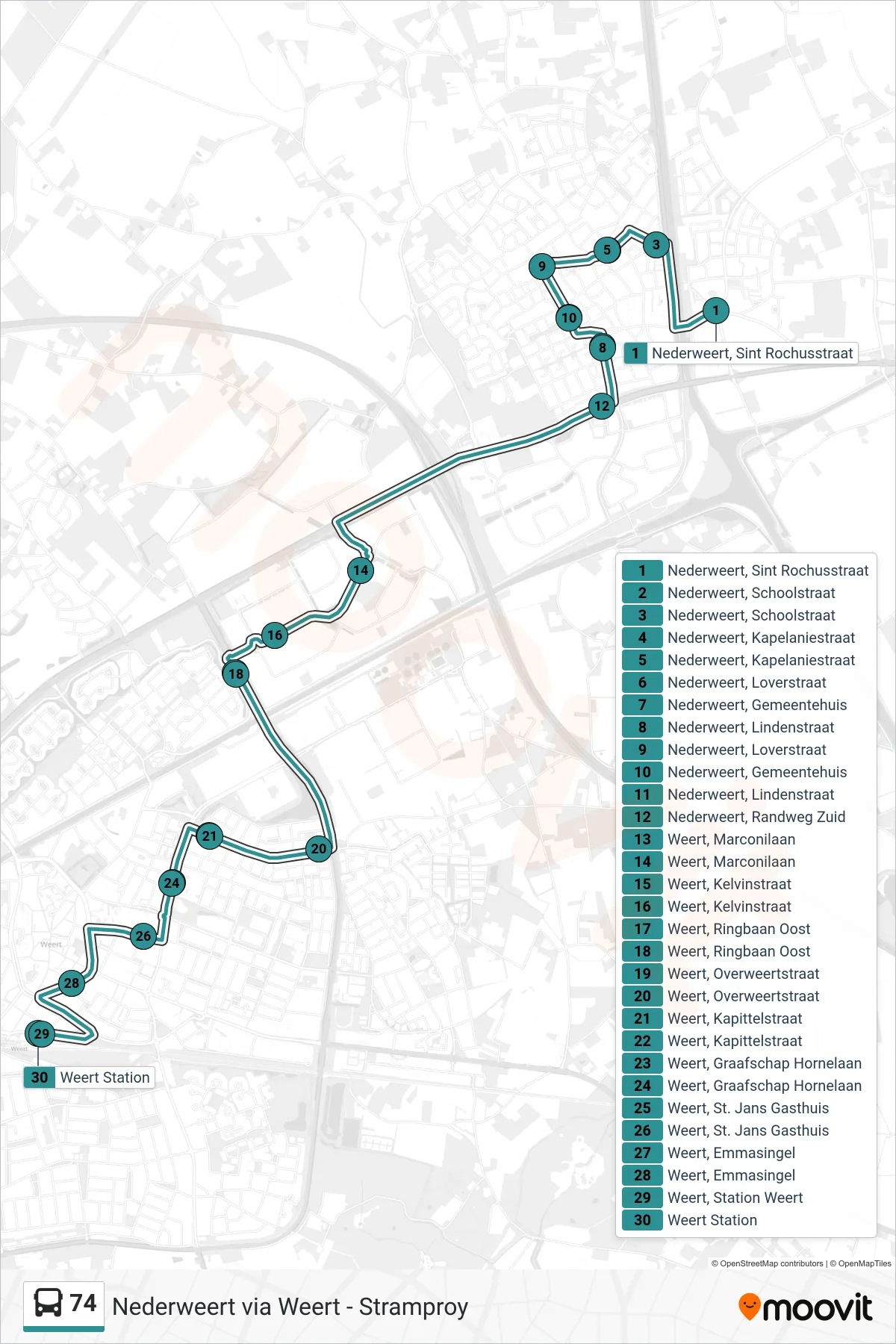 Lijn 74 (bus, Weert Station): route en haltes op de kaart