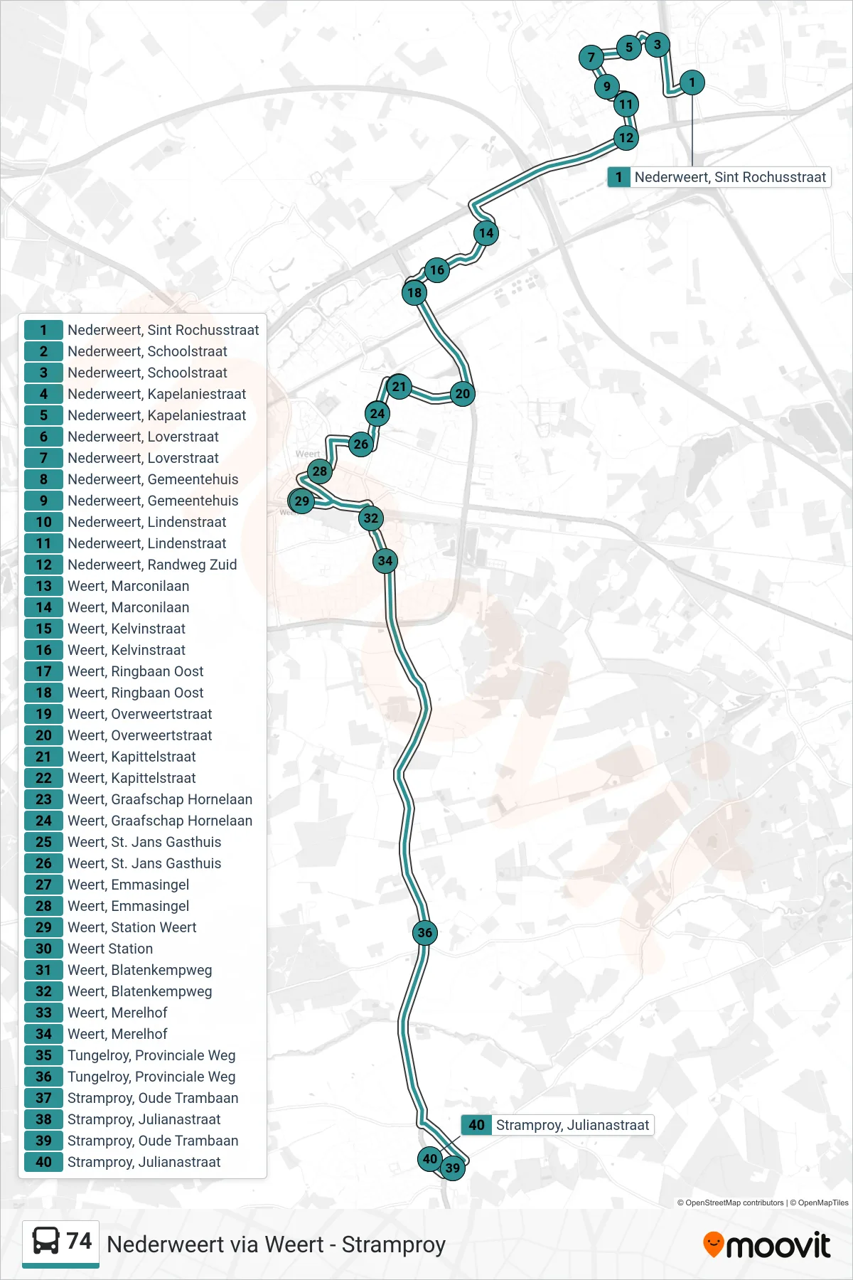 Lijn 74 (bus, Stramproy): route en haltes op de kaart