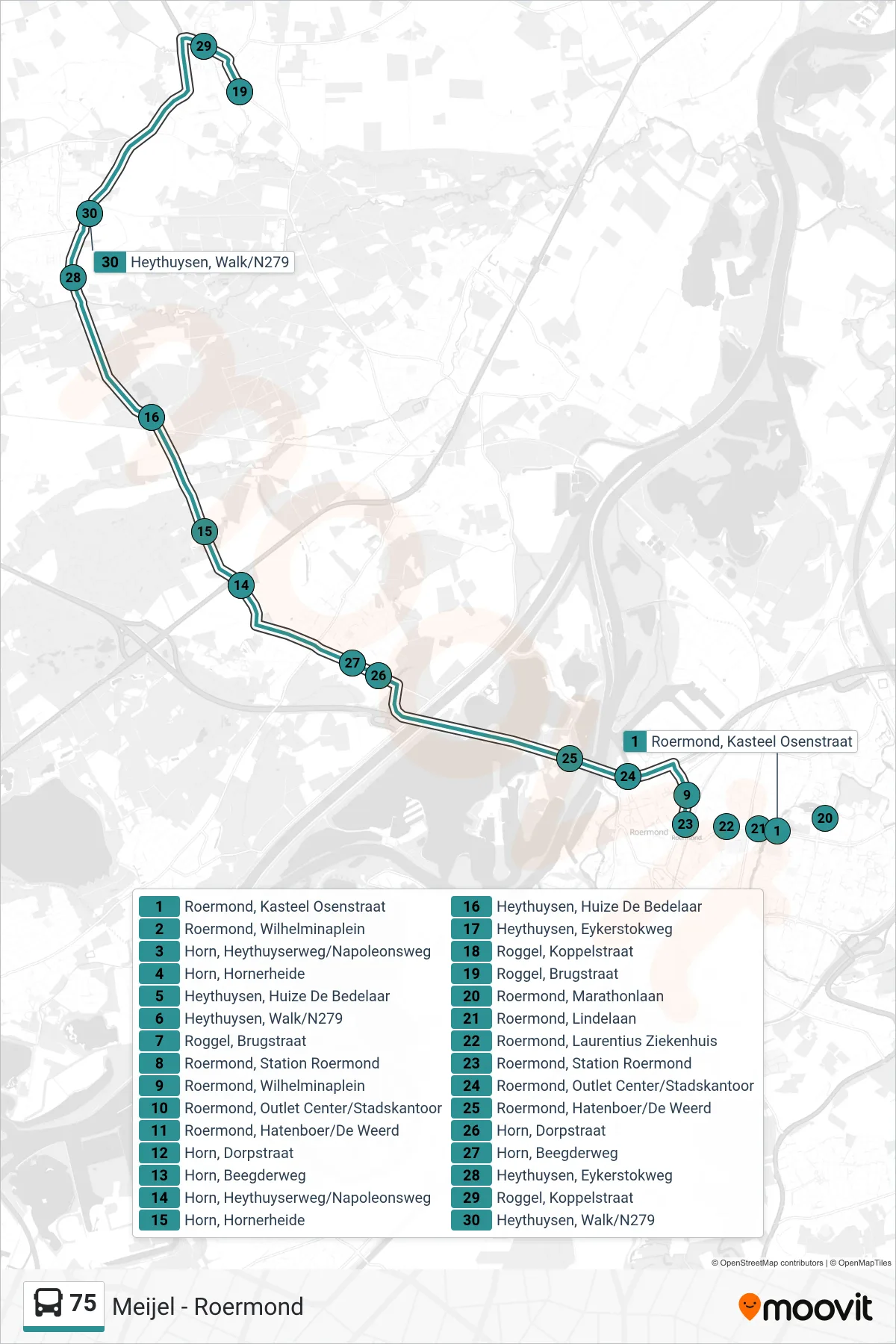 Lijn 75 (bus, Roggel): route en haltes op de kaart