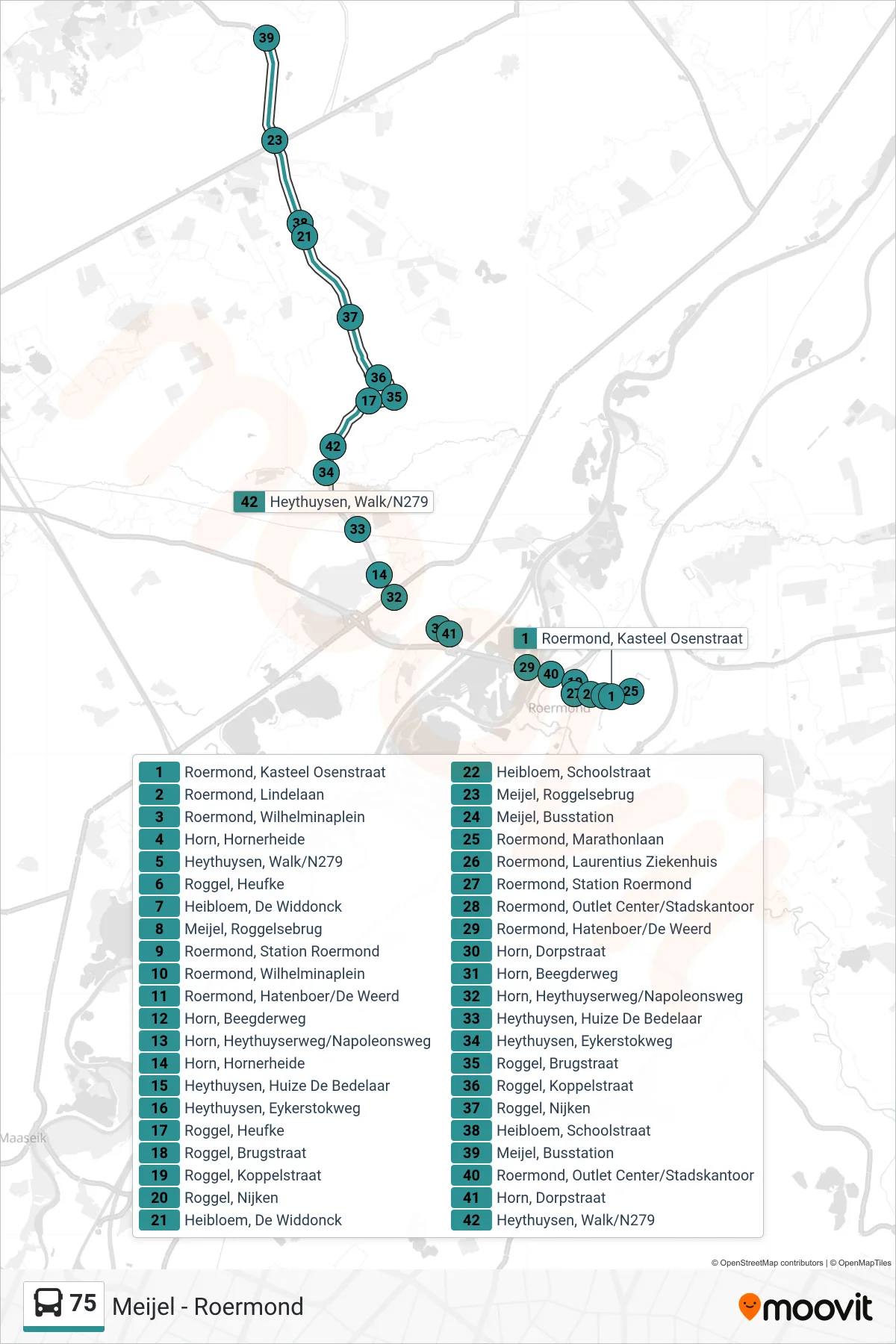 Lijn 75 (bus, Meijel): route en haltes op de kaart