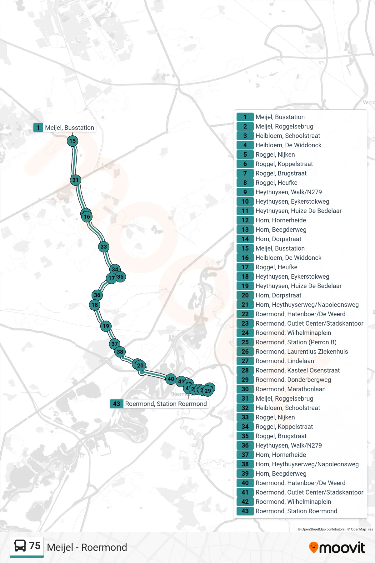 Lijn 75 (bus, Roermond): route en haltes op de kaart