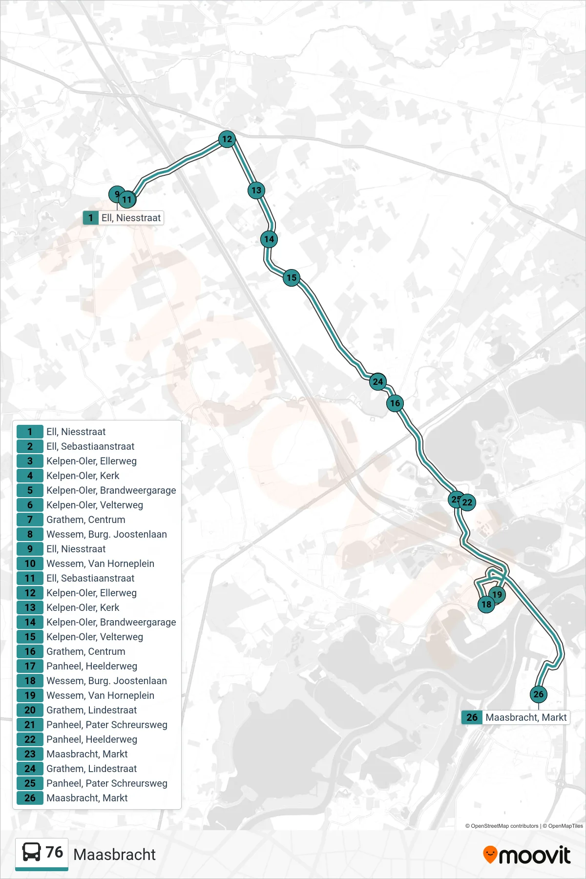 Lijn 76 (bus, Maasbracht): route en haltes op de kaart