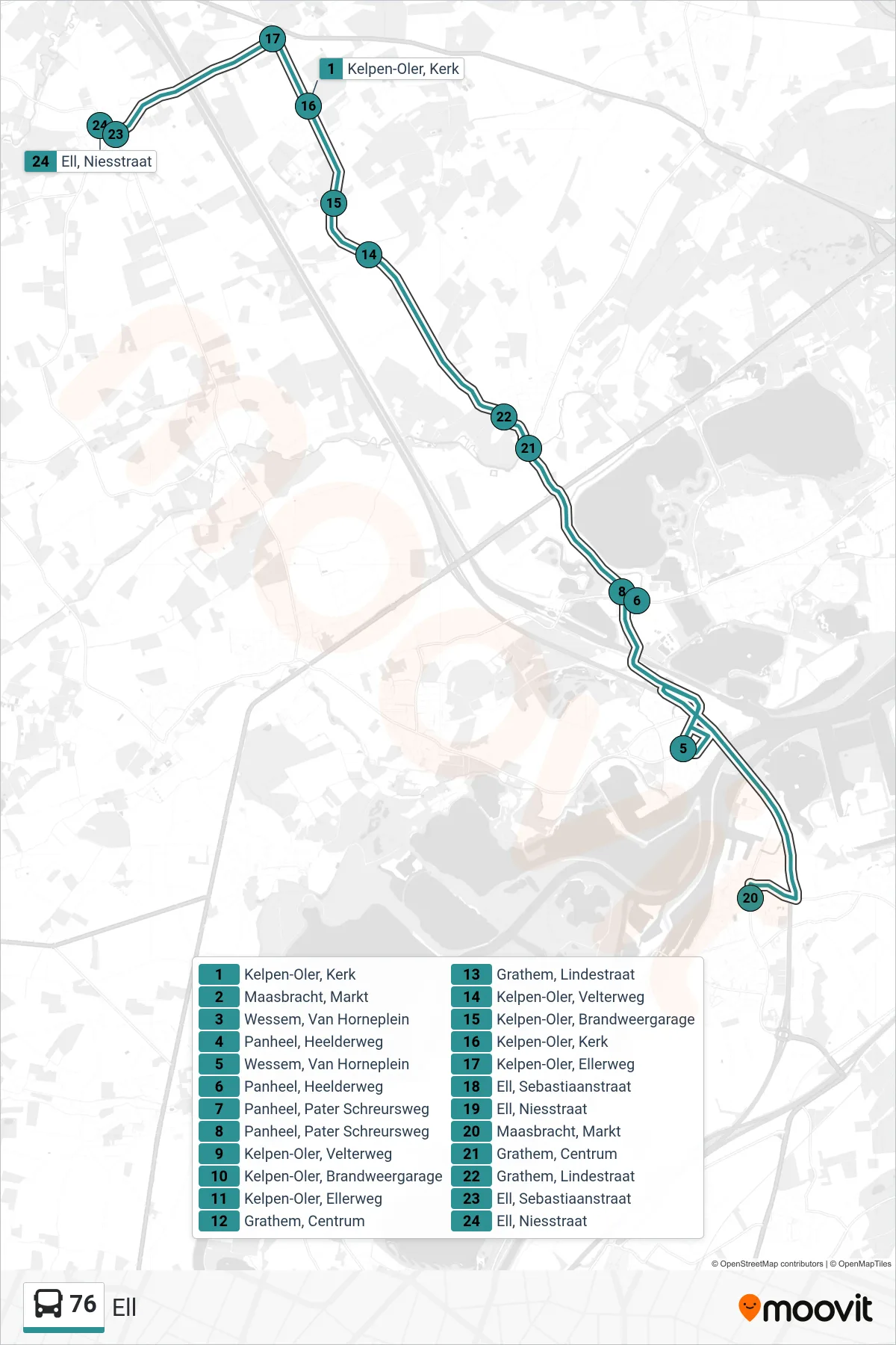 Lijn 76 (bus, Ell): route en haltes op de kaart