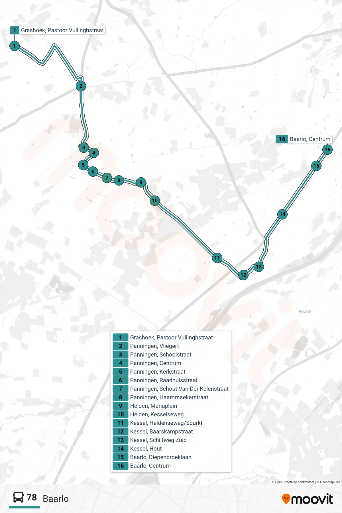 Lijn 78 (bus, Baarlo): route en haltes op de kaart