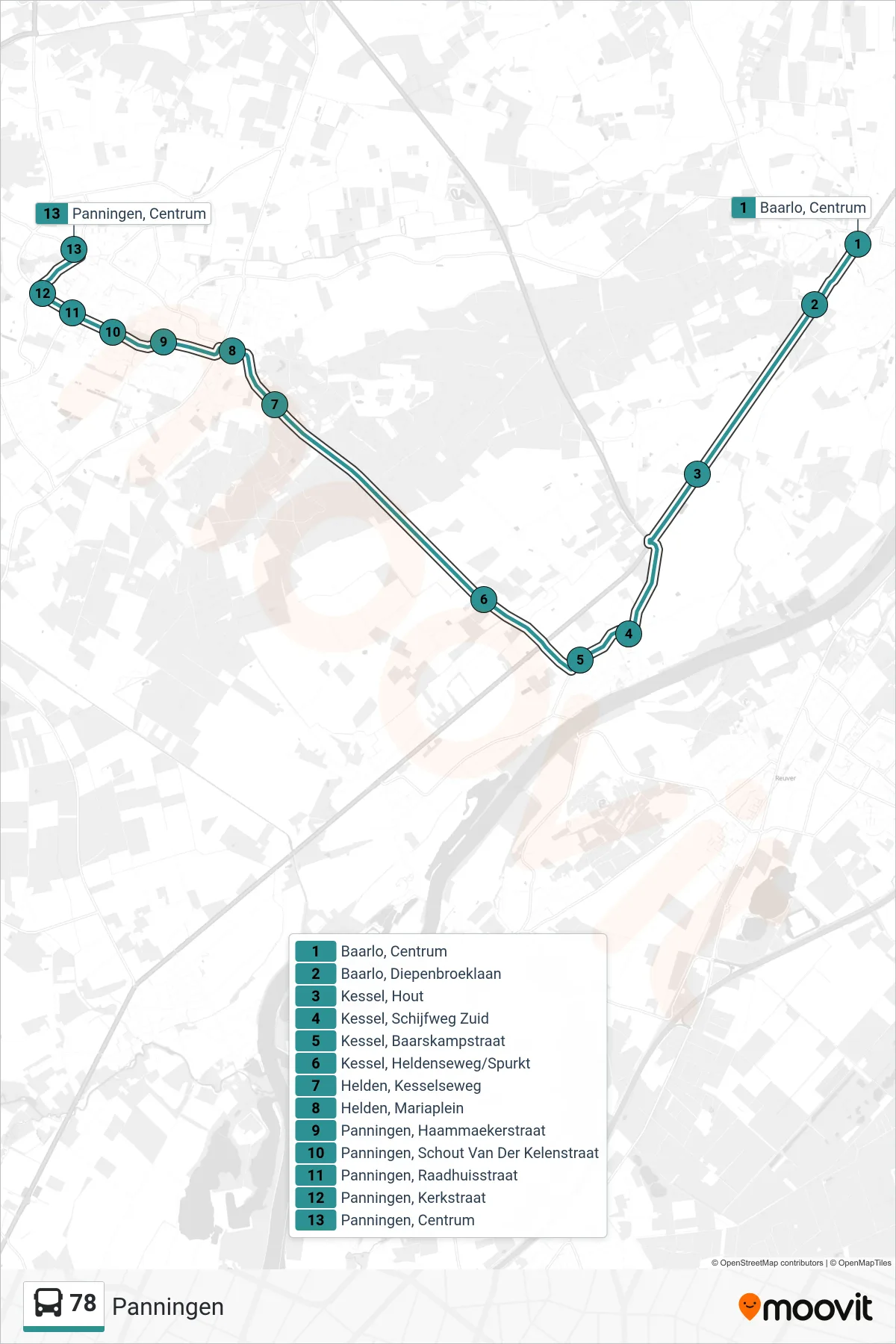 78 bus Line (Panningen) route and stops on a map