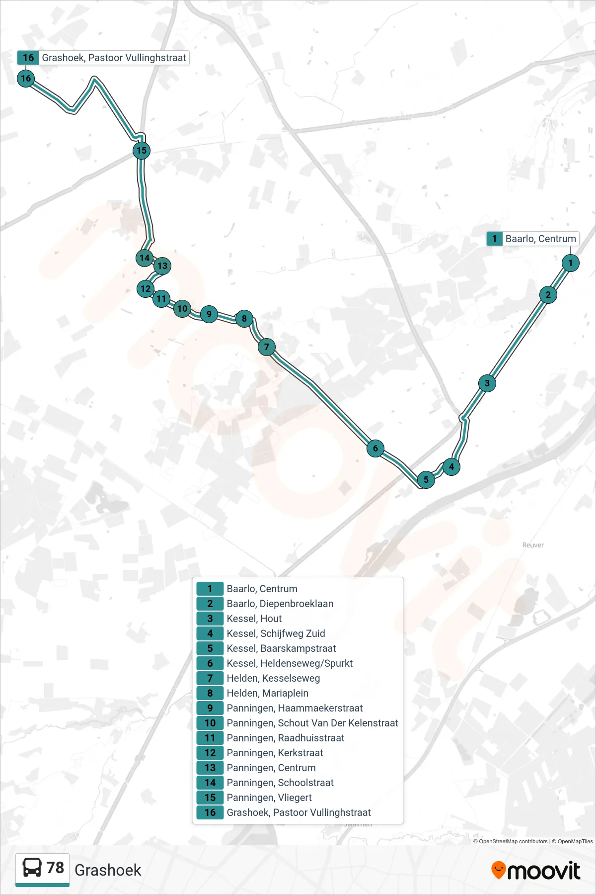 78 bus Line (Grashoek) route and stops on a map