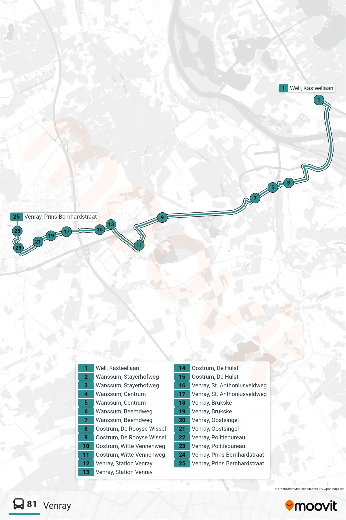 Lijn 81 (bus, Venray): route en haltes op de kaart