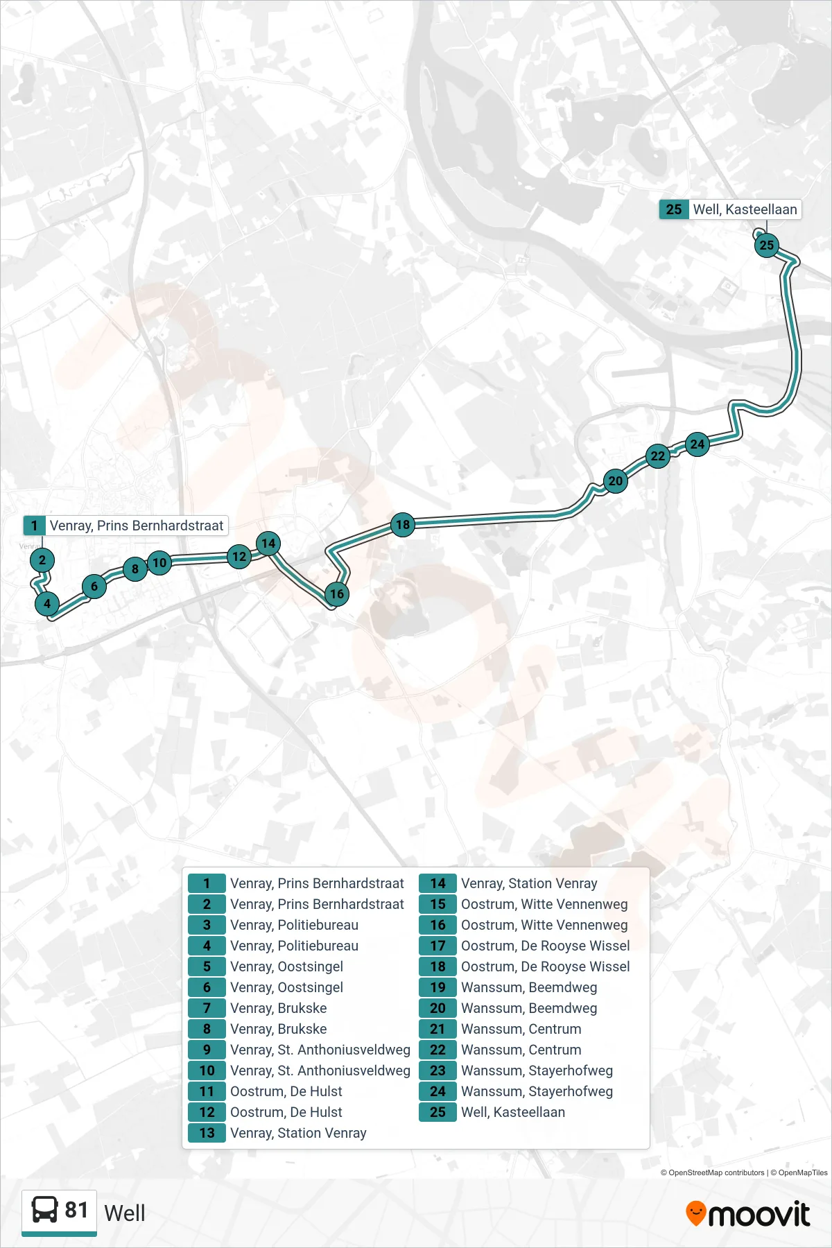 81 bus Line (Well) route and stops on a map