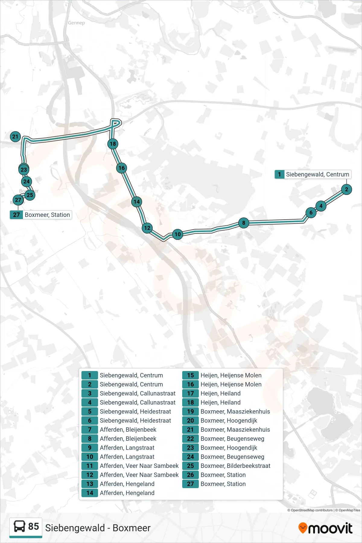 Lijn 85 (bus, Boxmeer Station): route en haltes op de kaart