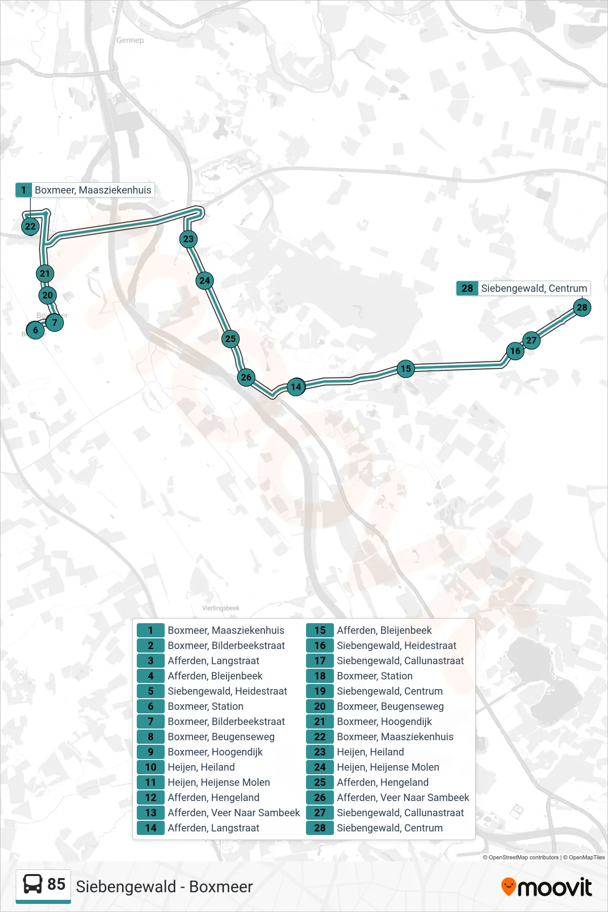Lijn 85 (bus, Siebengewald): route en haltes op de kaart