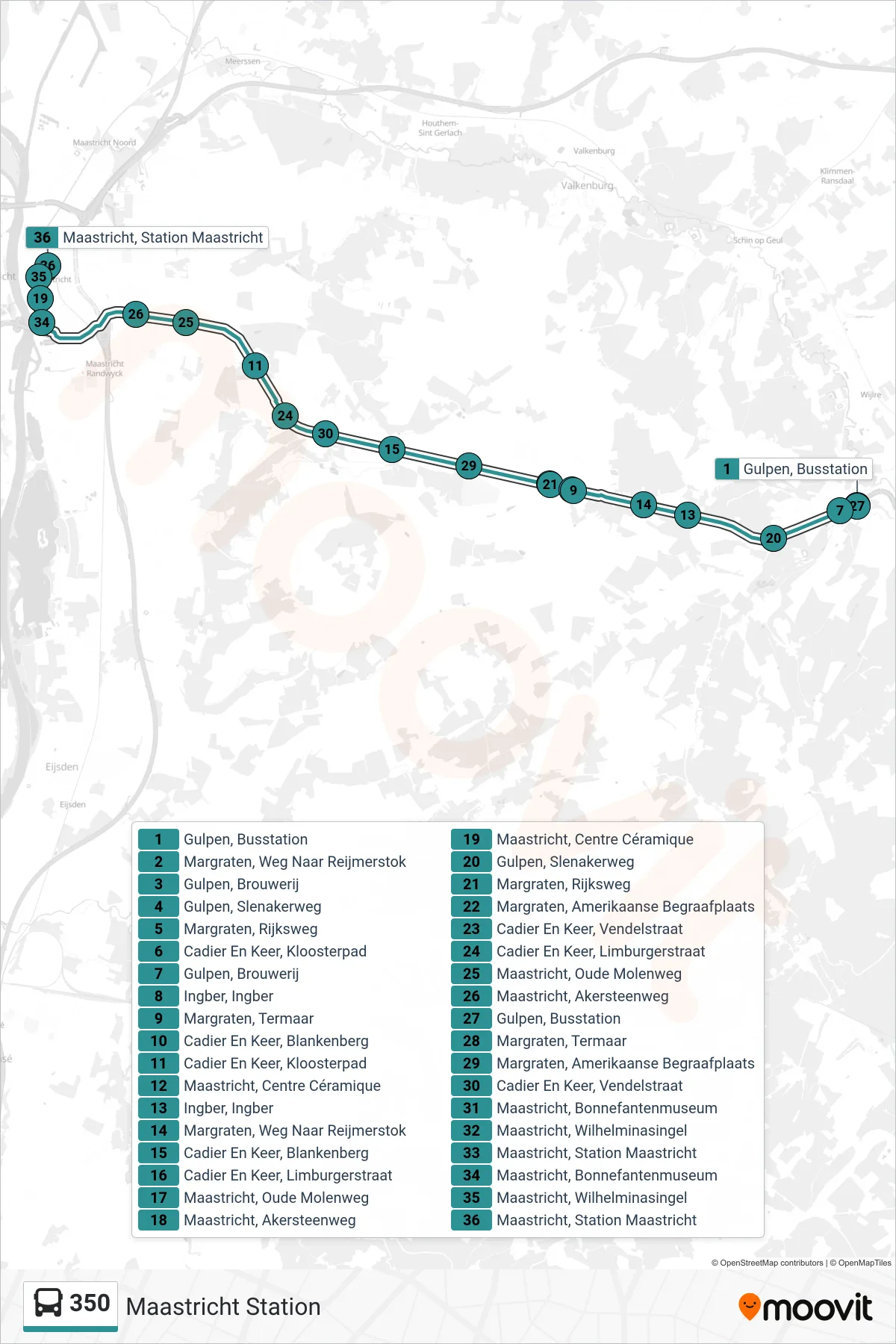 Lijn 350 (bus, Maastricht Station): route en haltes op de kaart