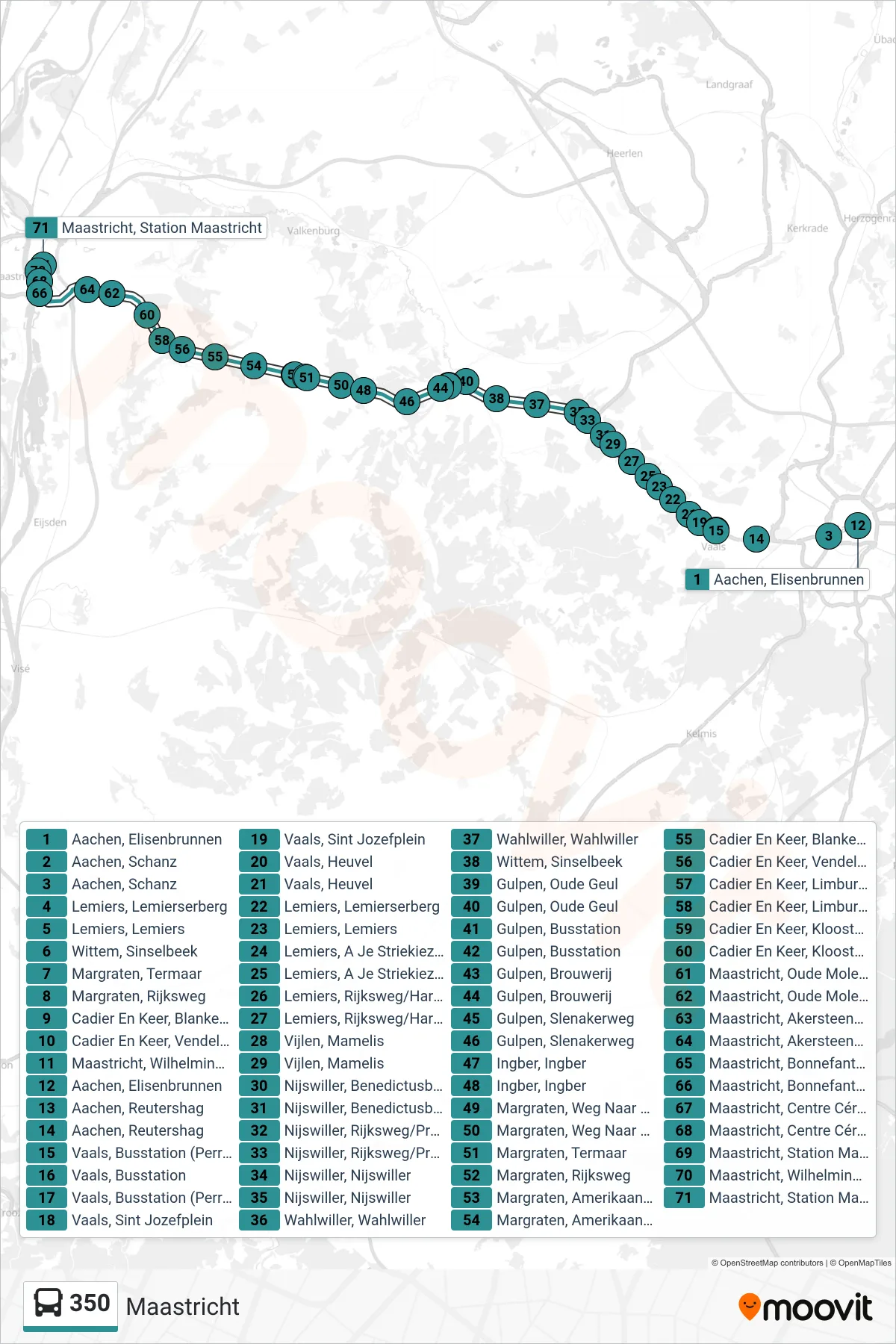Lijn 350 (bus, Maastricht): route en haltes op de kaart