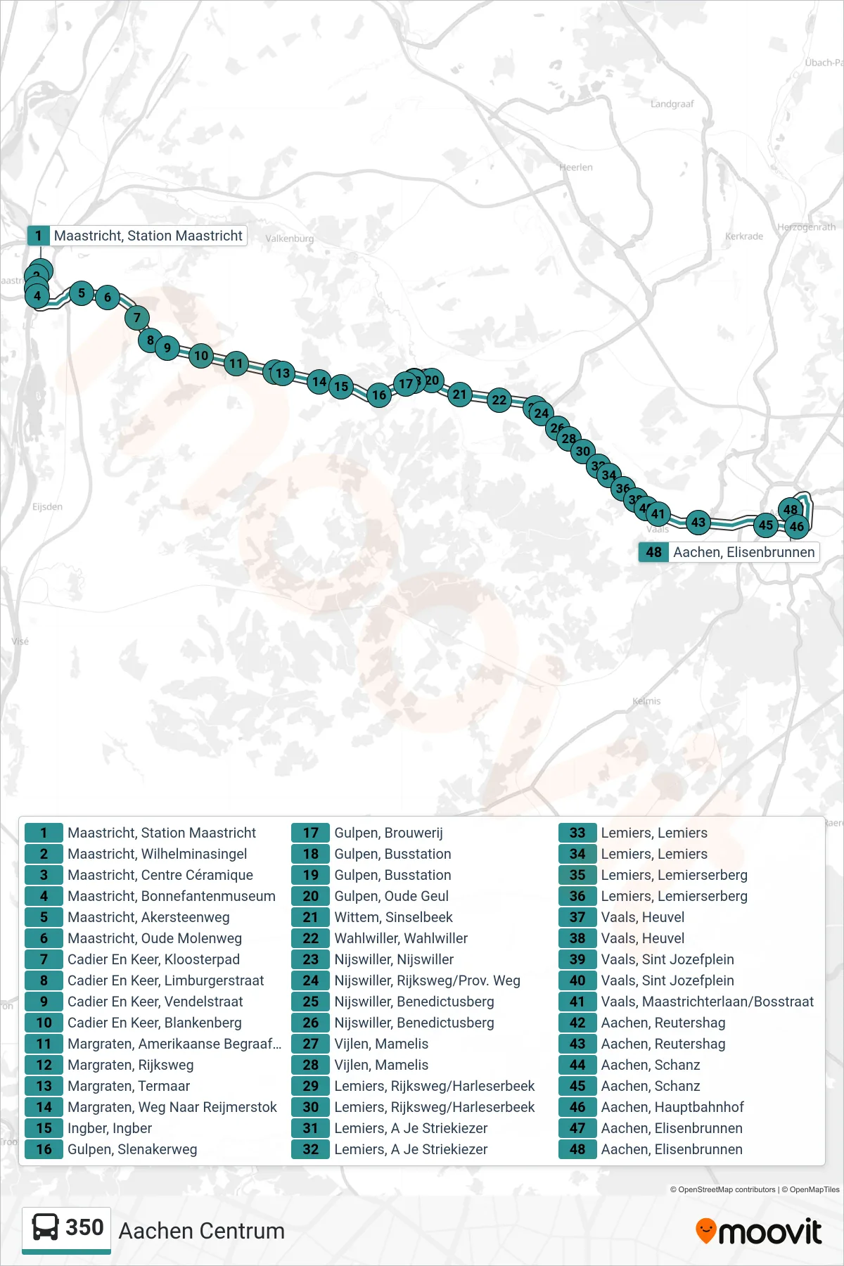 Lijn 350 (bus, Aachen Centrum): route en haltes op de kaart