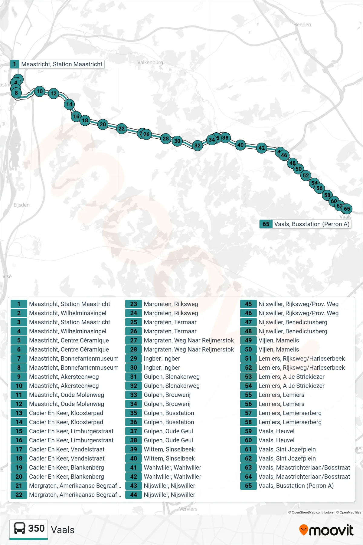 350 bus Line (Vaals) route and stops on a map