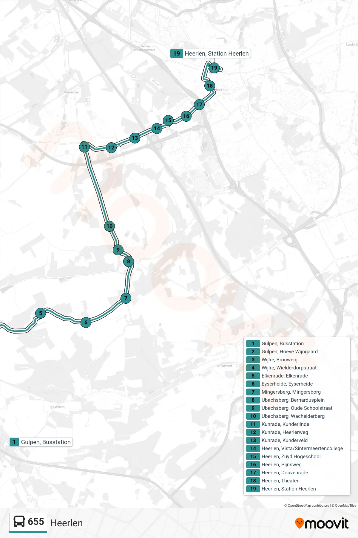 Lijn 655 (bus, Heerlen): route en haltes op de kaart