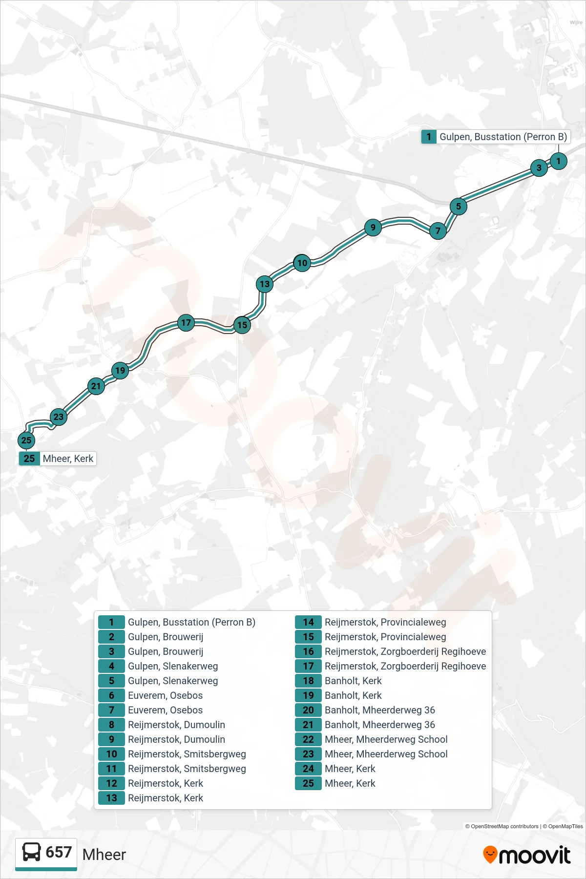 Lijn 657 (bus, Mheer): route en haltes op de kaart
