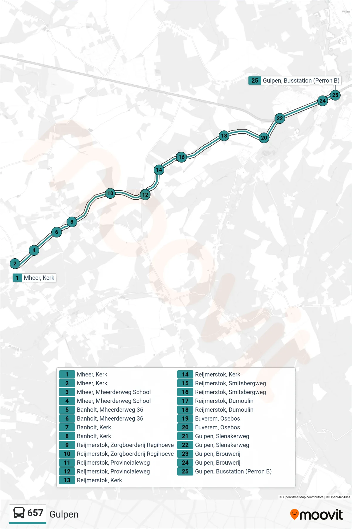 Lijn 657 (bus, Gulpen): route en haltes op de kaart