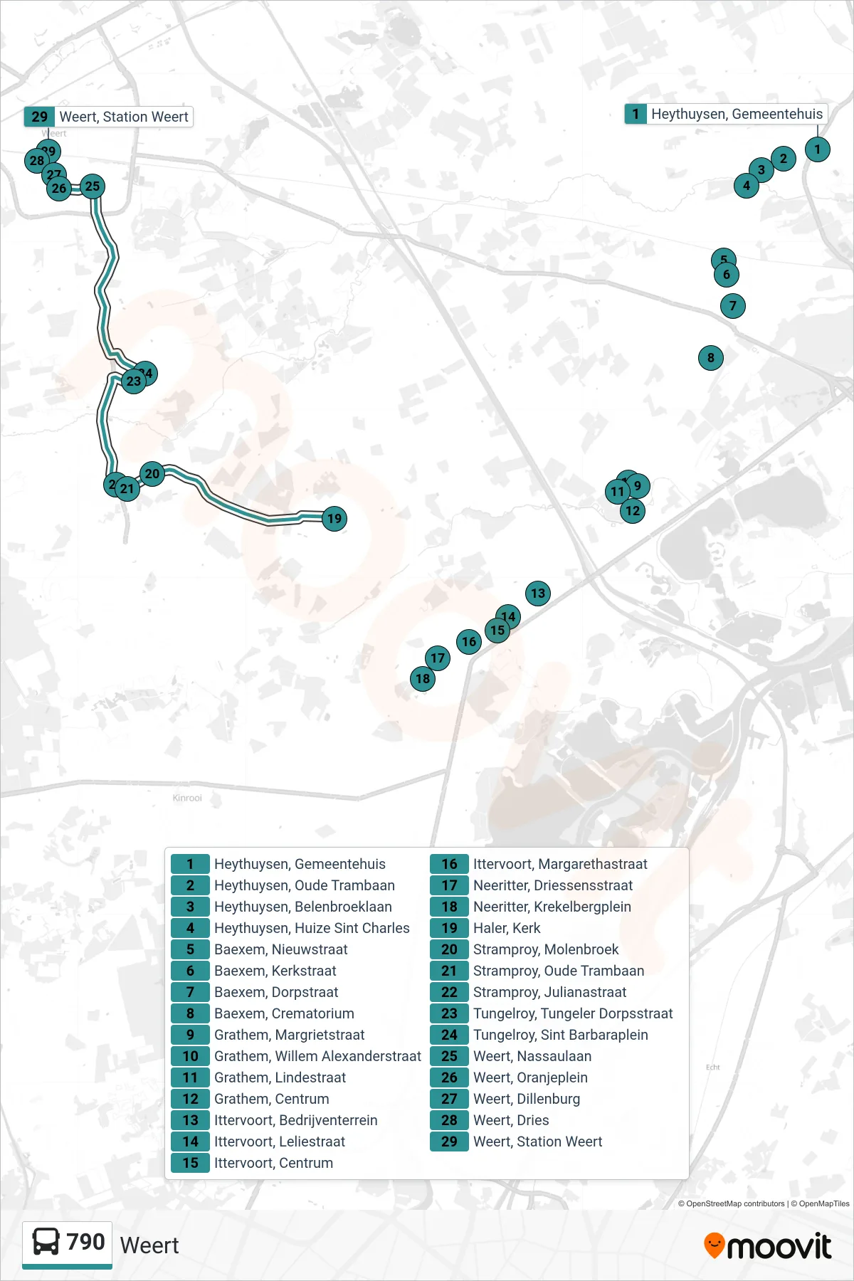 790 bus Line (Weert) route and stops on a map