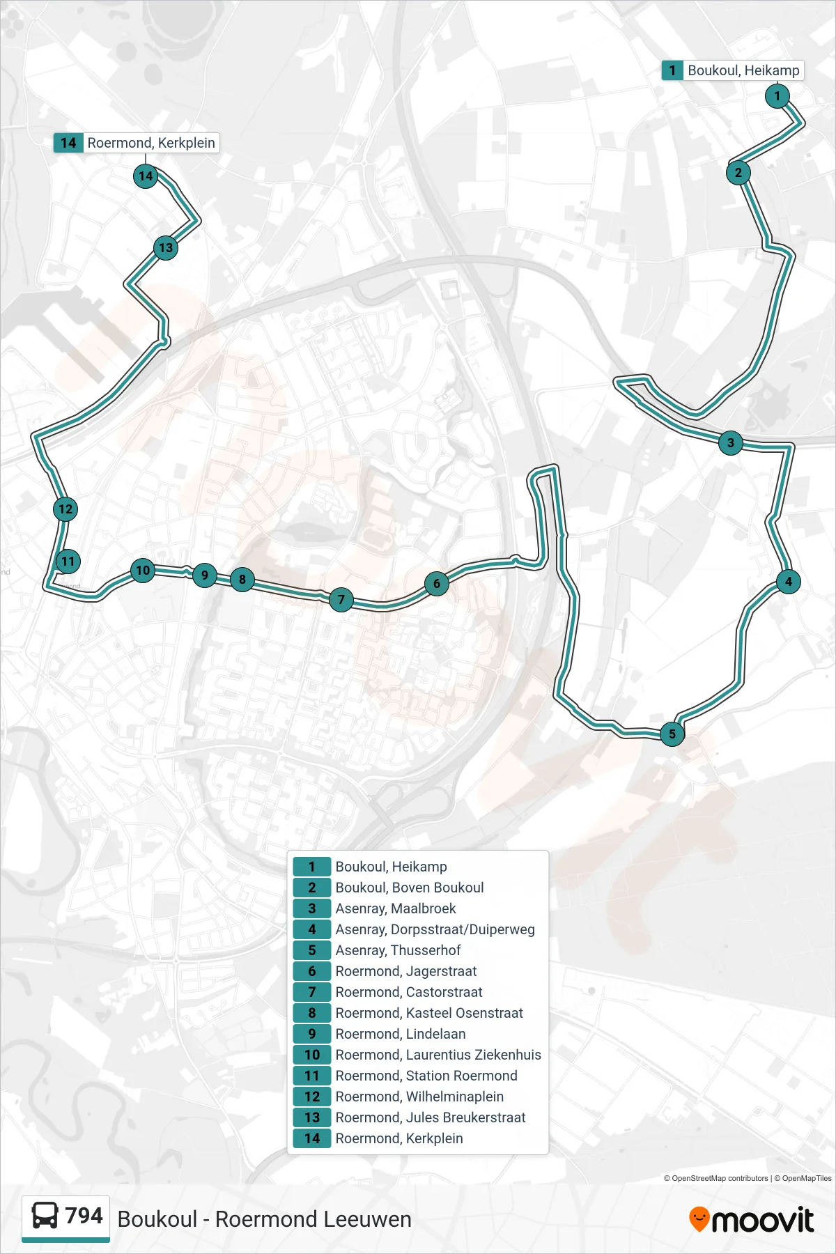 Lijn 794 (bus, Leeuwen Kerkplein): route en haltes op de kaart
