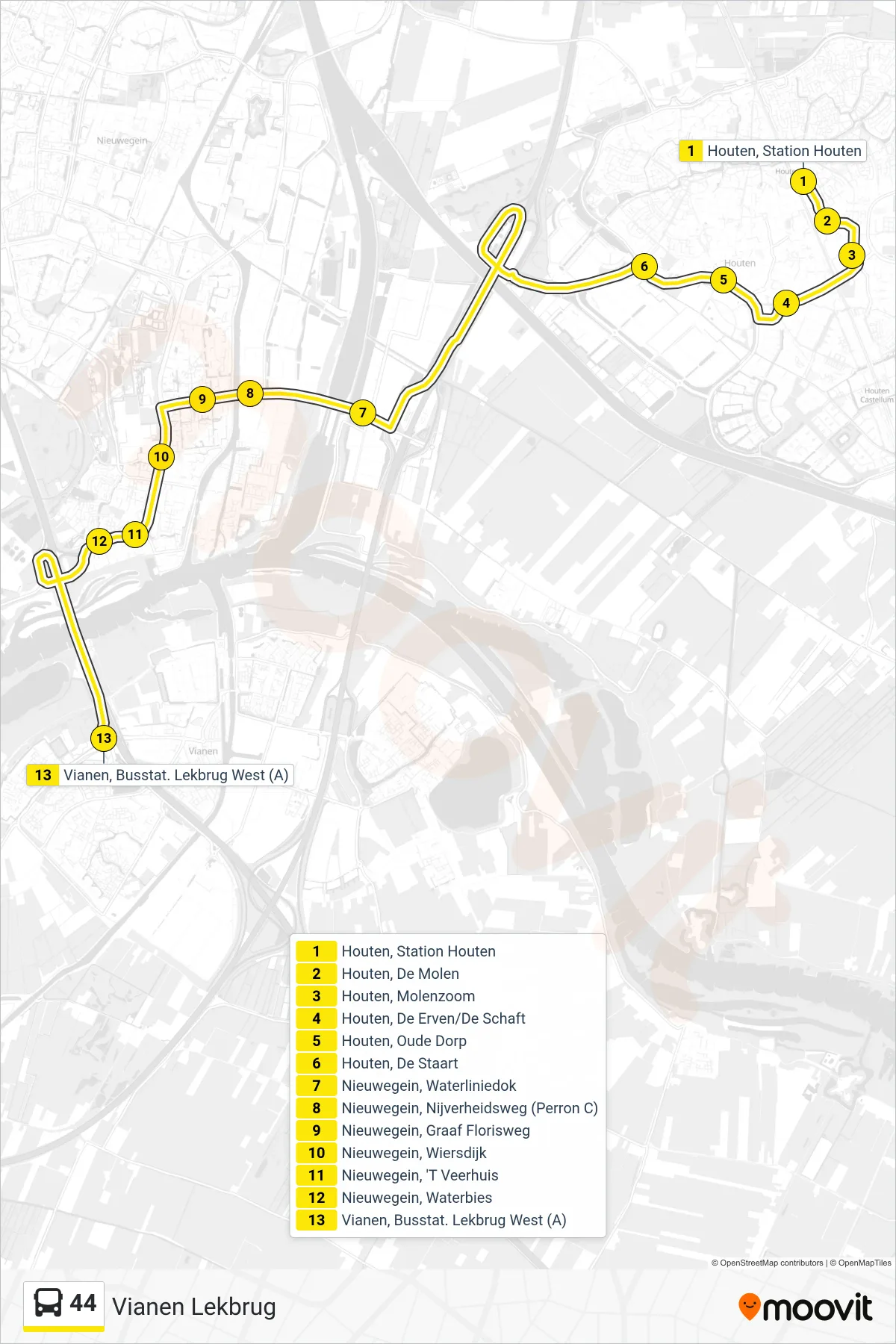 44 bus Line (Vianen Lekbrug) route and stops on a map