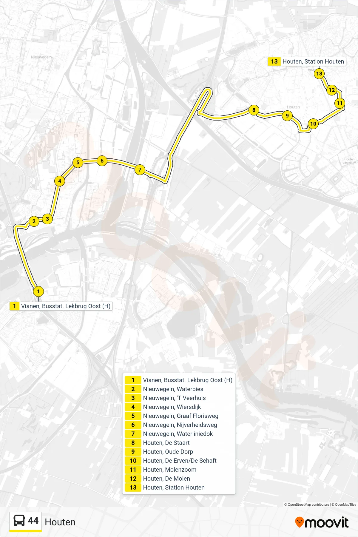 Lijn 44 (bus, Houten): route en haltes op de kaart
