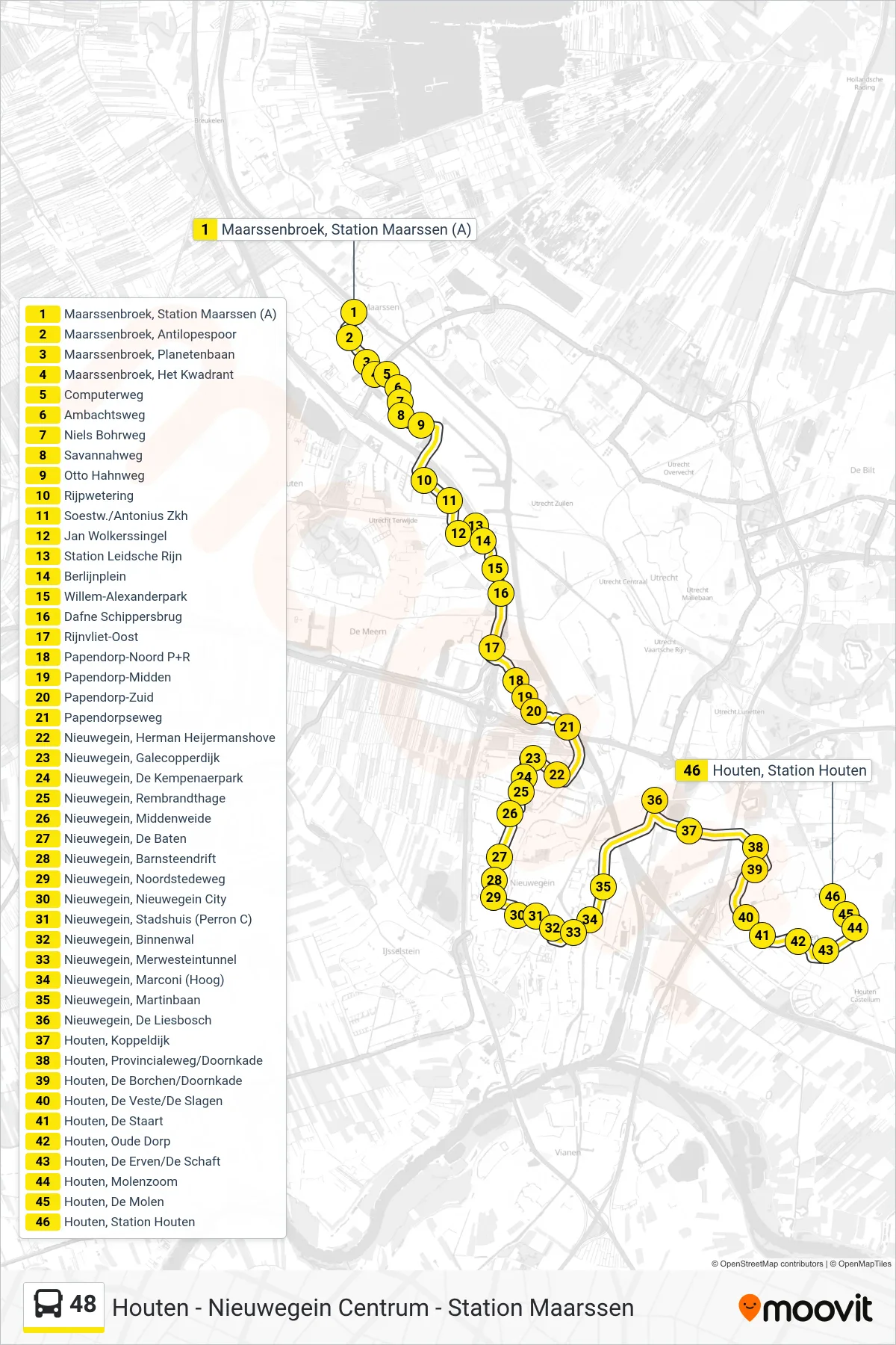48 bus Line (Houten) route and stops on a map