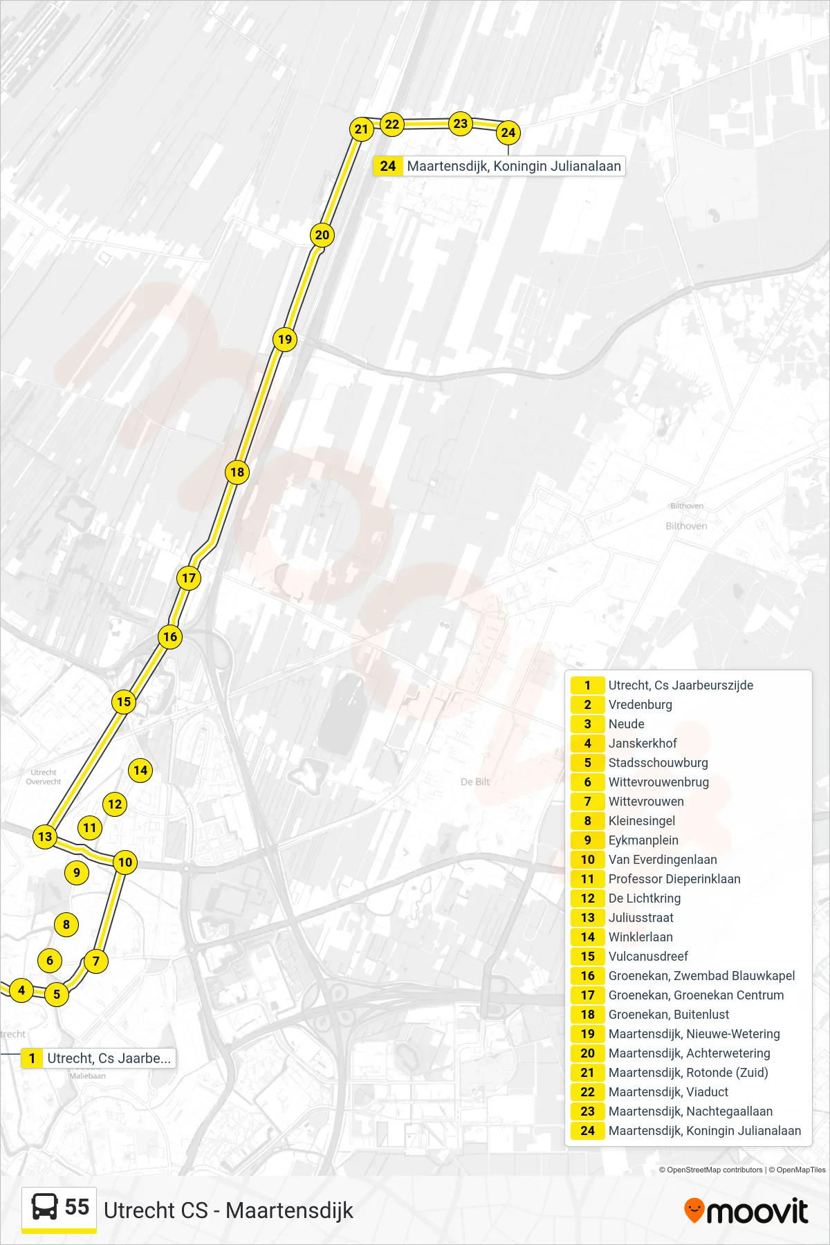 55 bus Line (Maartensdijk) route and stops on a map