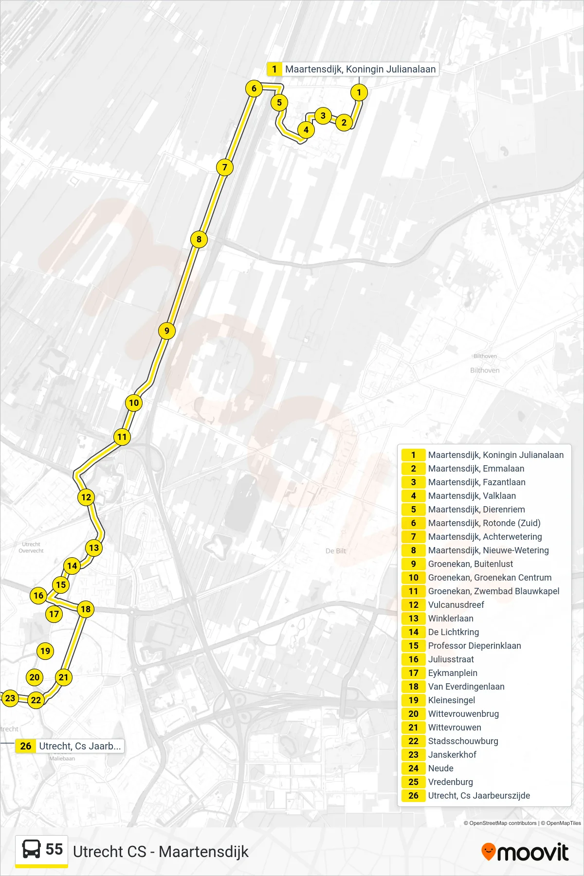 Lijn 55 (bus, Utrecht Cs): route en haltes op de kaart