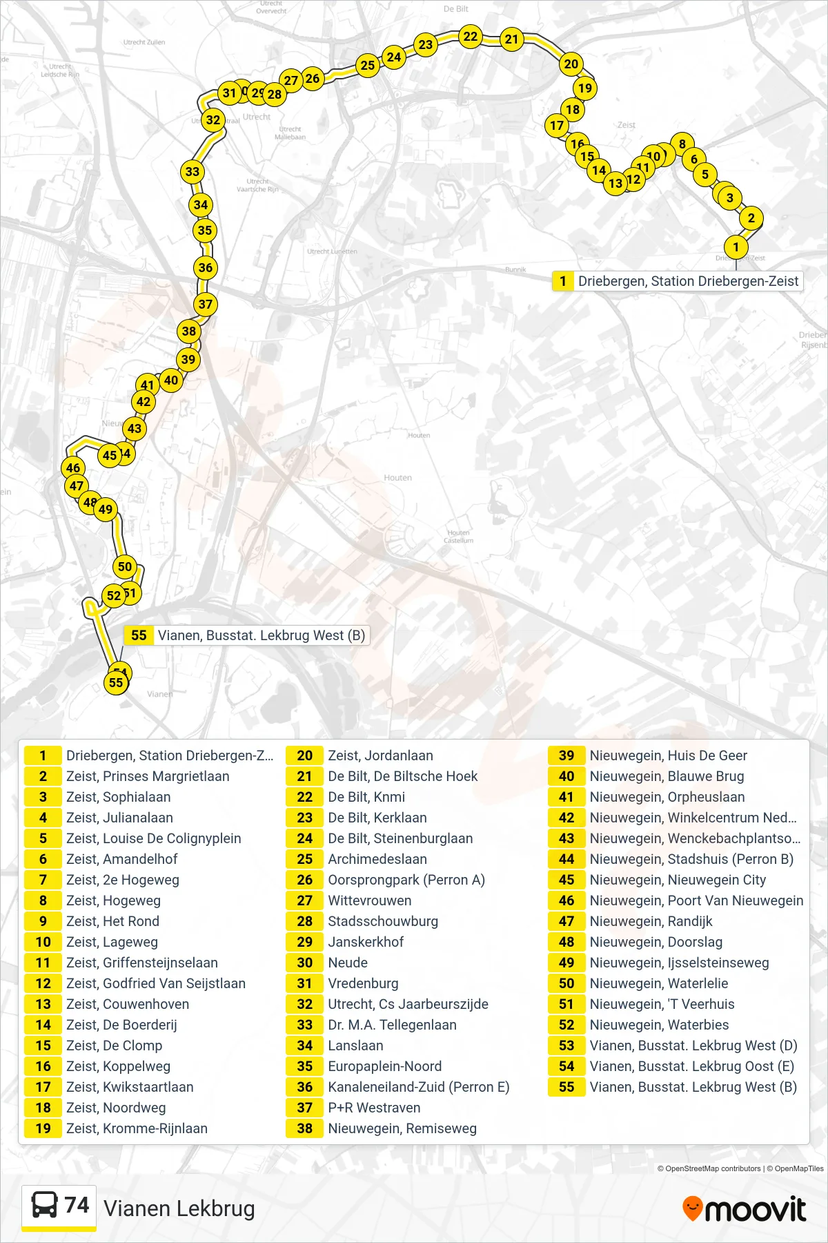 Lijn 74 (bus, Vianen Lekbrug): route en haltes op de kaart