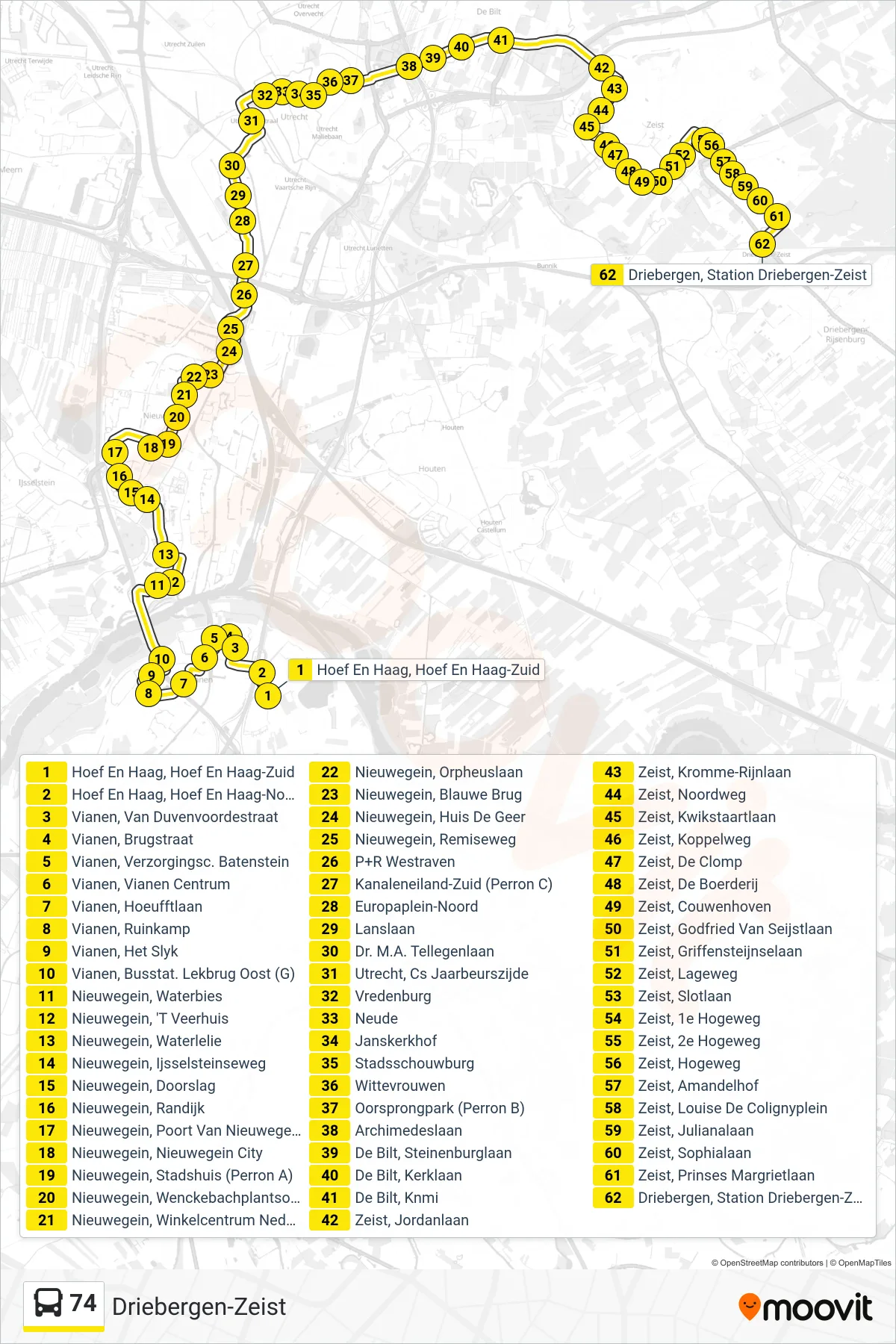 Lijn 74 (bus, Driebergen-Zeist): route en haltes op de kaart