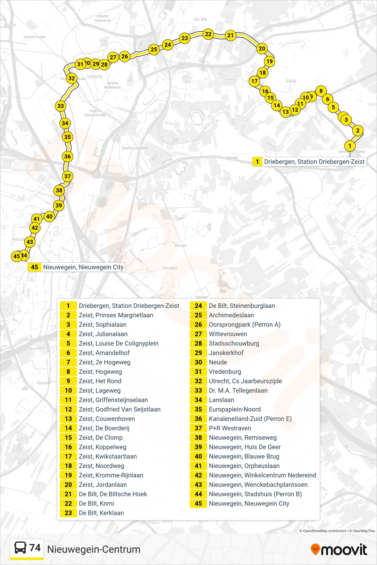 Lijn 74 (bus, Nieuwegein-Centrum): route en haltes op de kaart