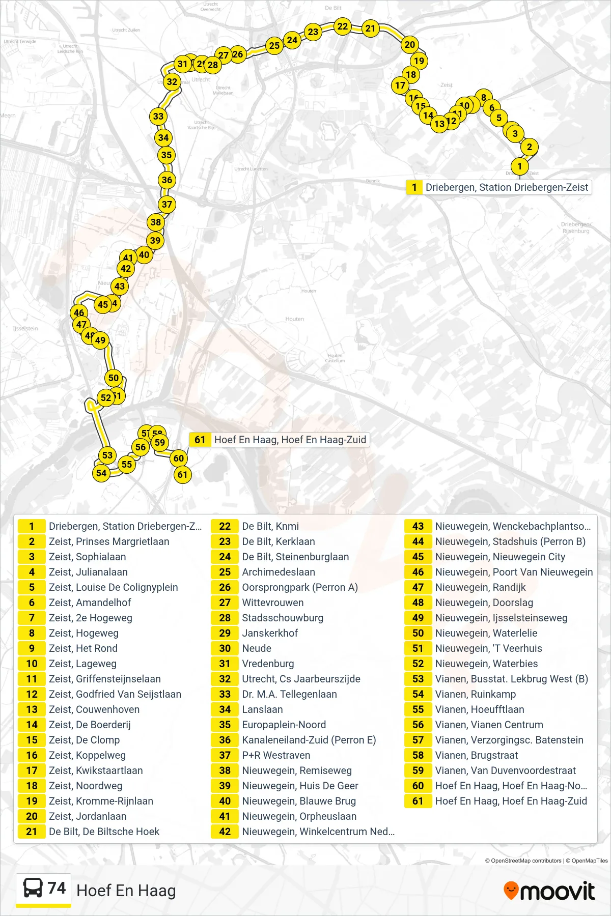 Lijn 74 (bus, Hoef En Haag): route en haltes op de kaart