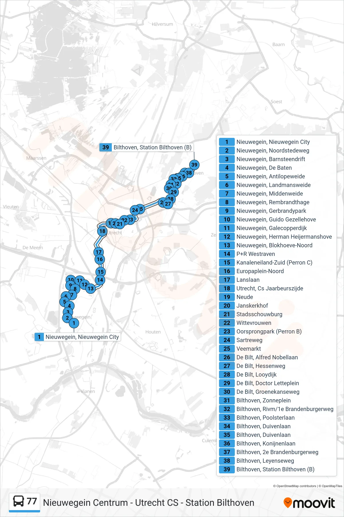 Lijn 77 (bus, Bilthoven): route en haltes op de kaart