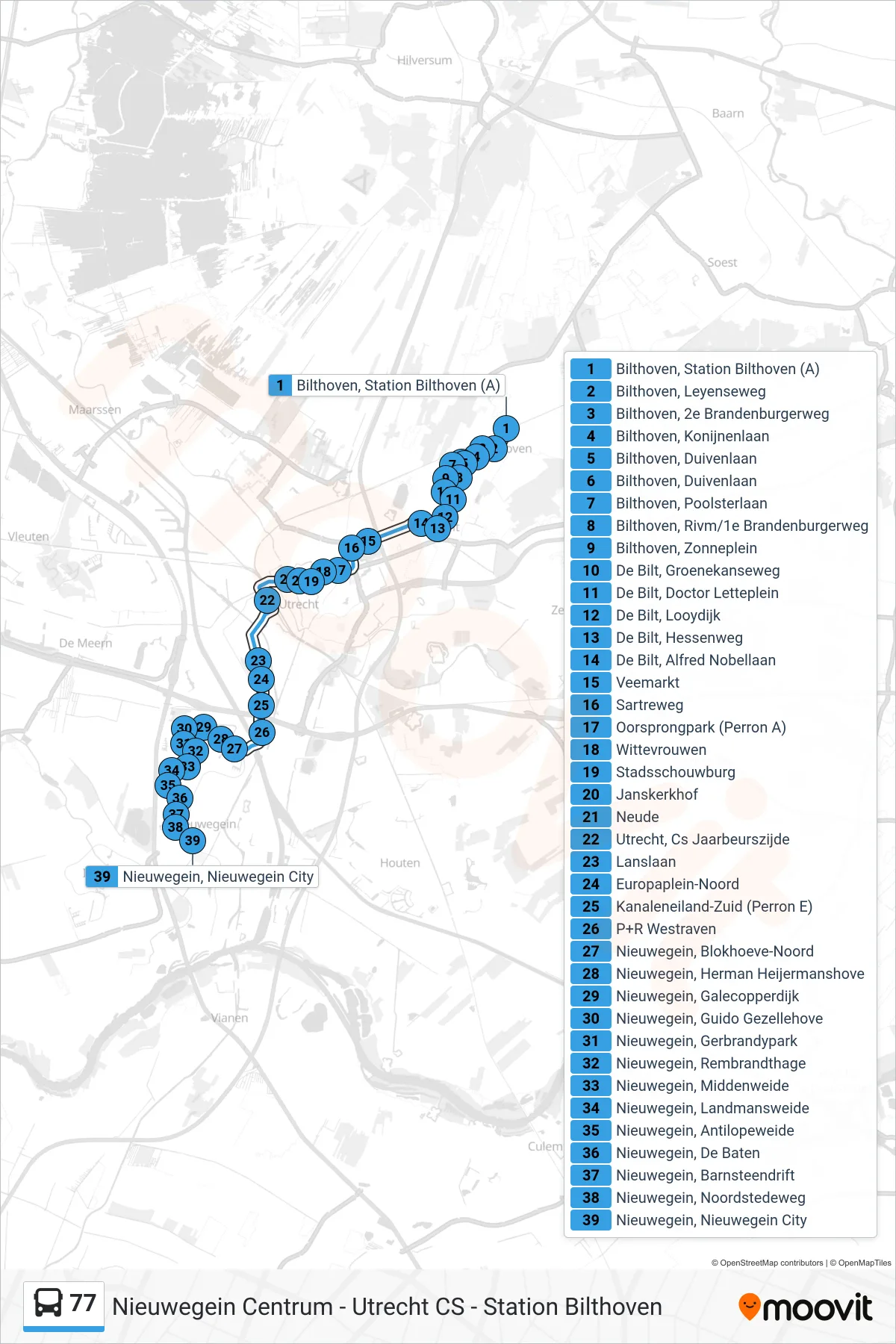 77 bus Line (Nieuwegein) route and stops on a map