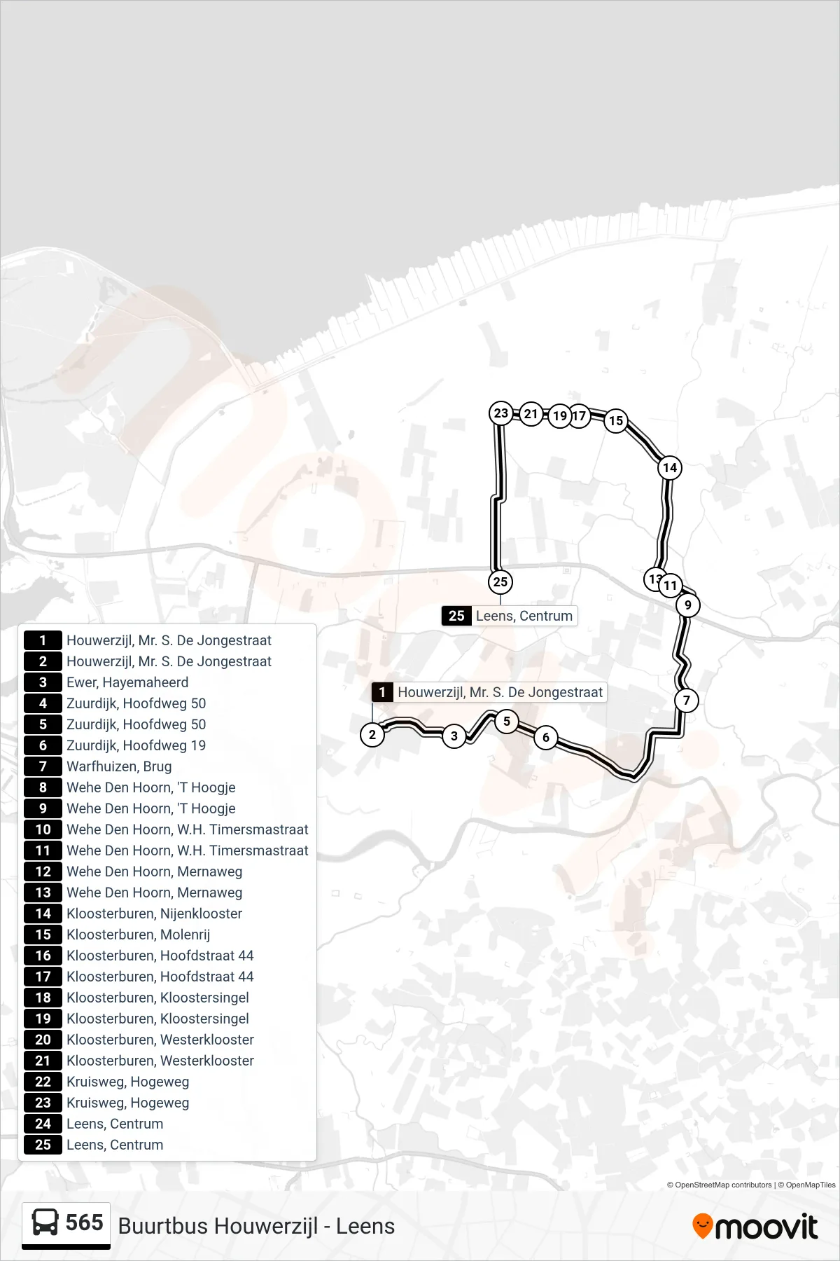 Lijn 565 (bus, Leens Via): route en haltes op de kaart
